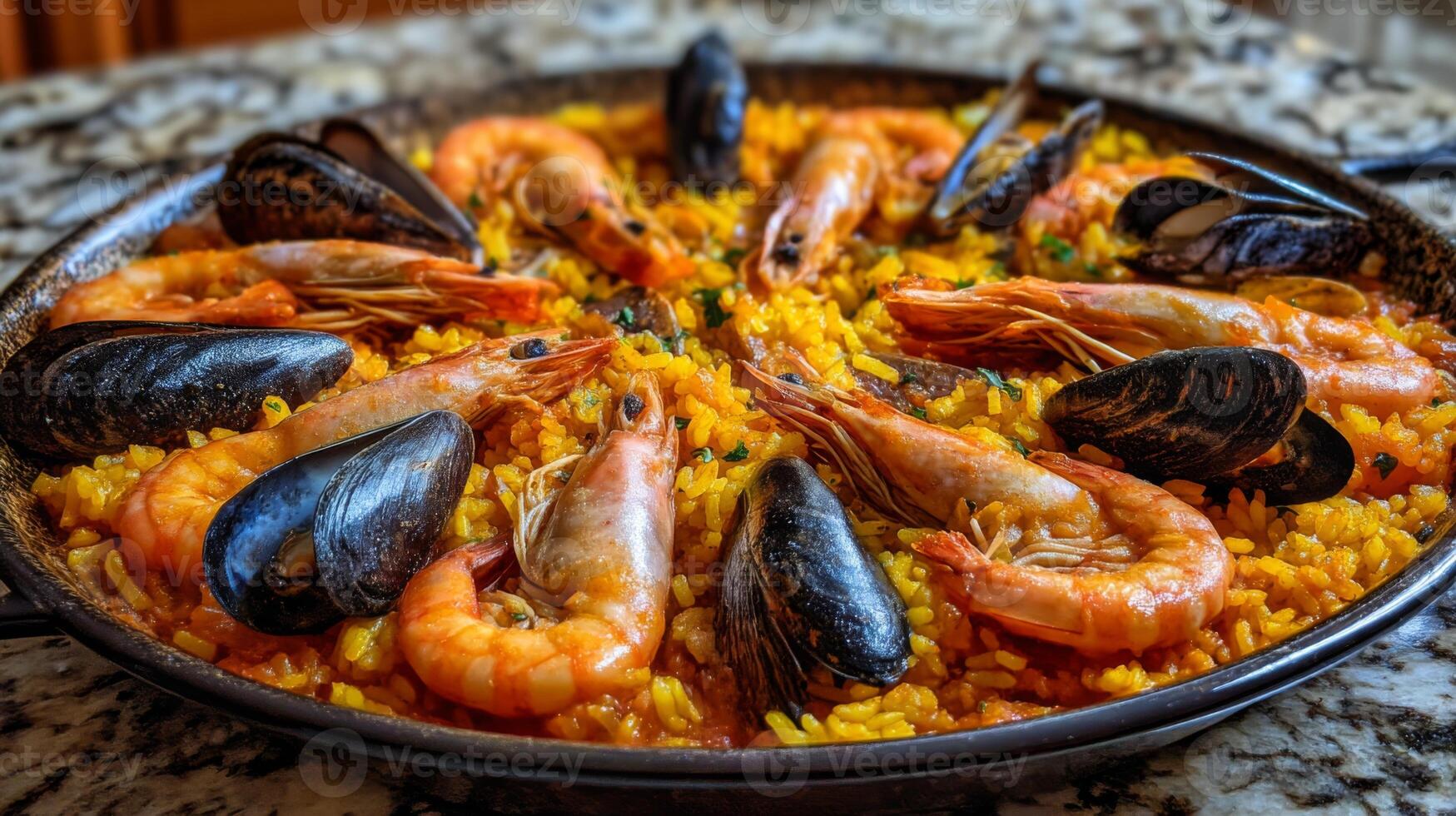 Delicious seafood paella with shrimp and mussels on a bed of saffron-flavored rice, served in a traditional round pan photo