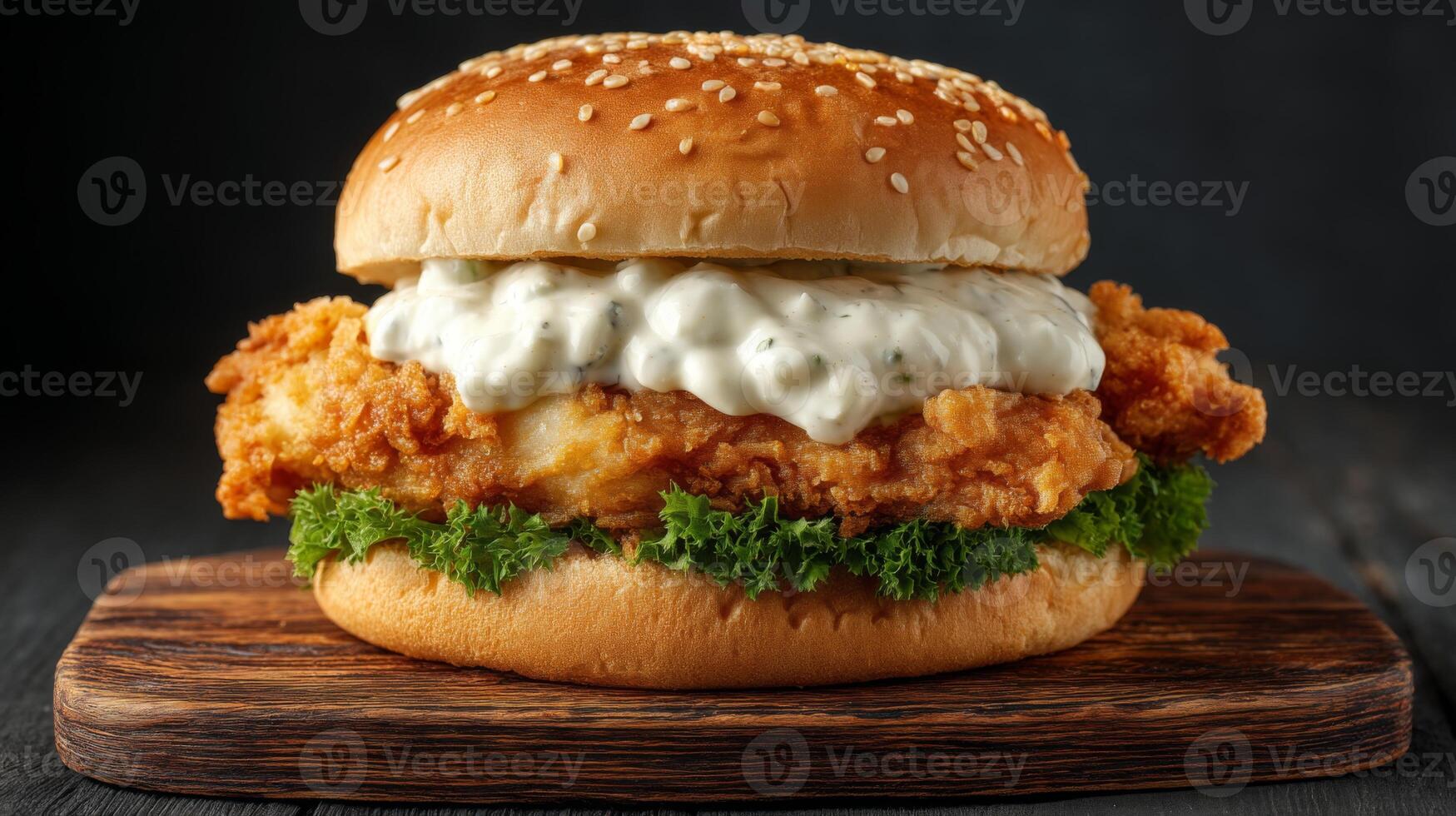 Crispy Chicken Sandwich with Fresh Lettuce and Creamy Sauce on Wooden Board Surrounded by Dark Background photo