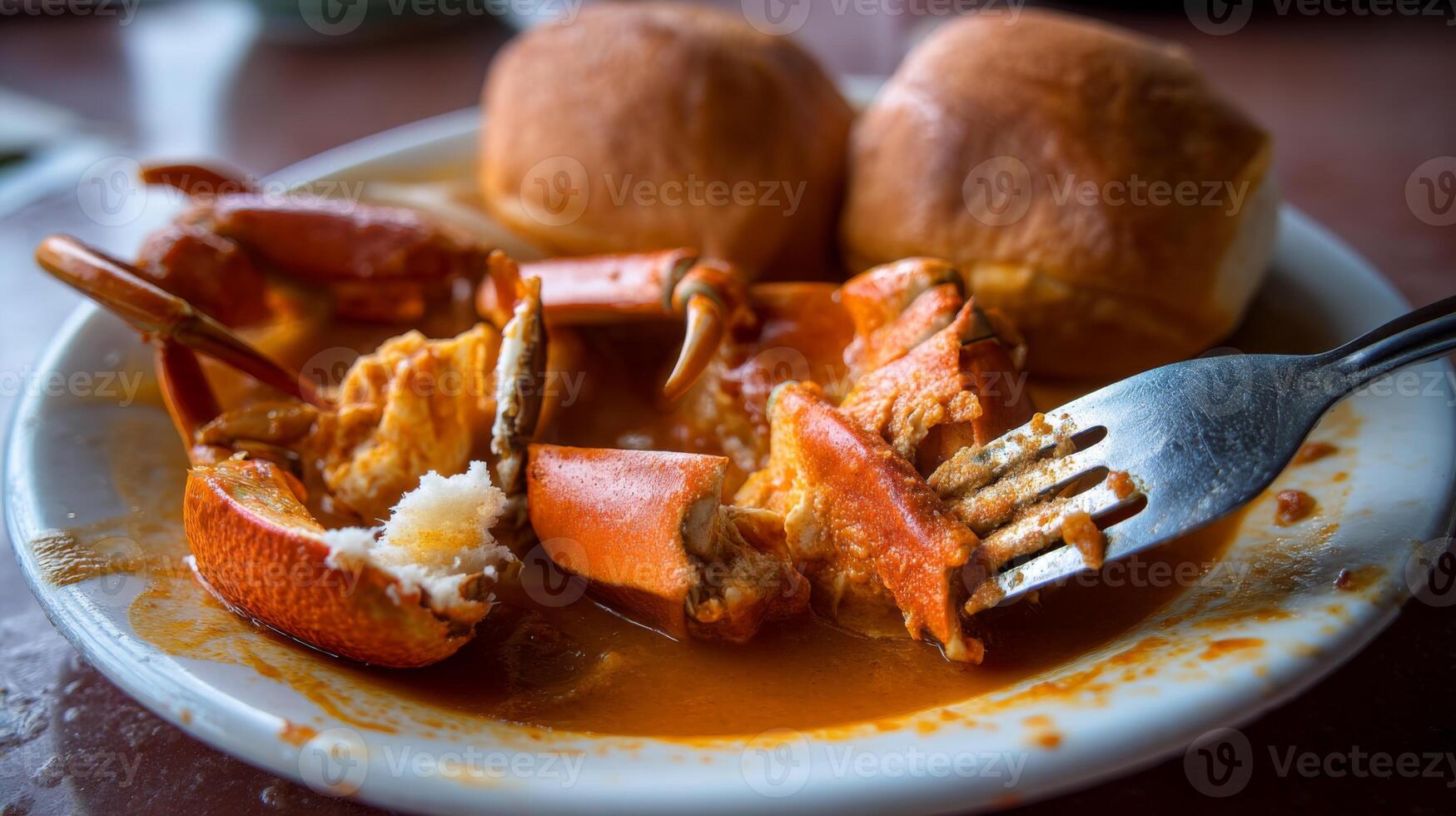 Delicious Seafood Feast with Fresh Crab Claws and Soft Buns on a Plate with Rich Sauce and Fork Ready to Eat photo