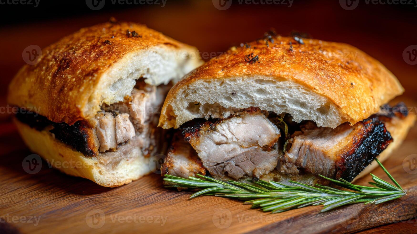 Juicy Pork Sandwich on Crusty Bread Garnished with Fresh Rosemary on Wooden Cutting Board photo