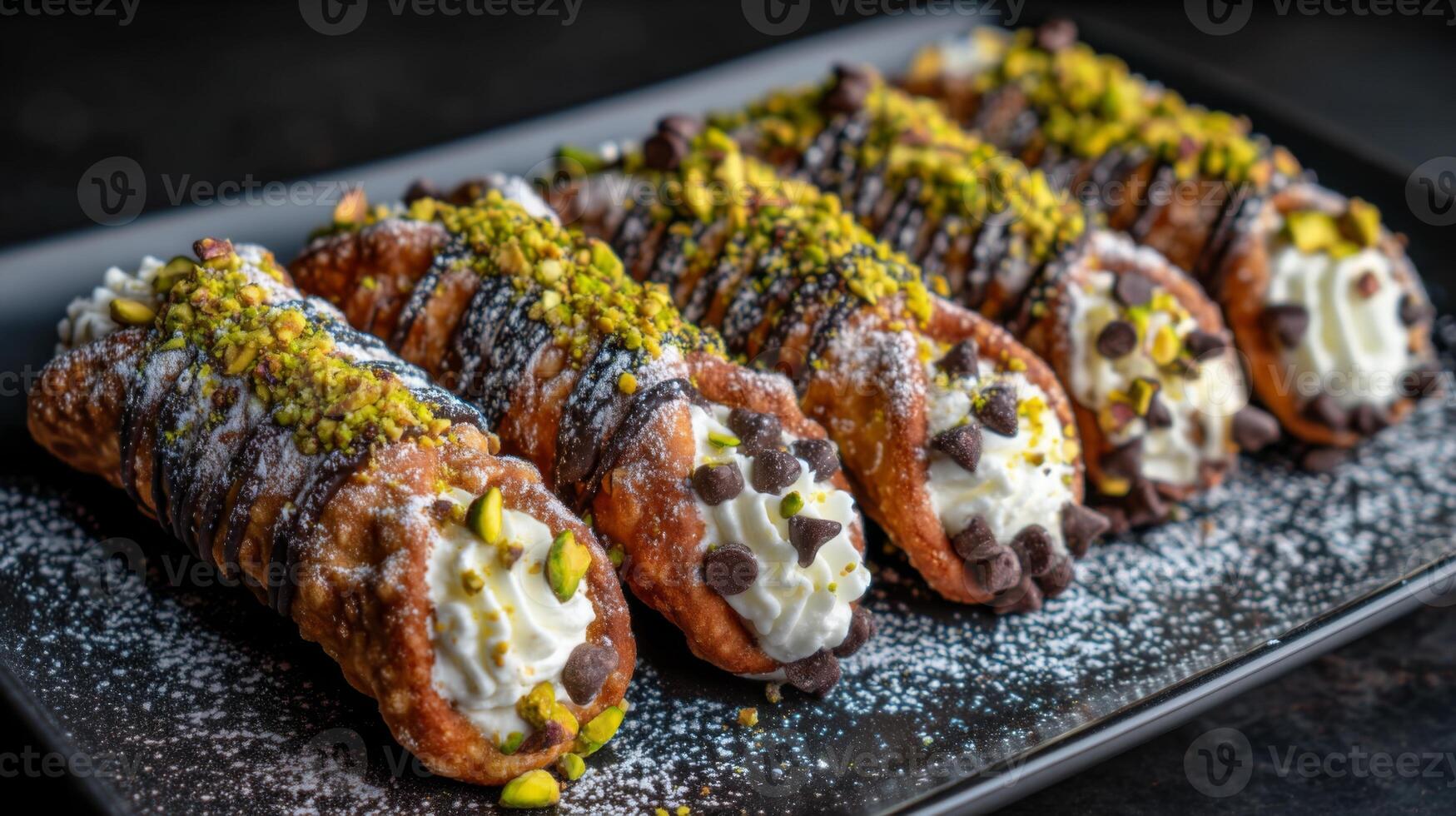 Delicious Cannoli Filled with Sweet Cream and Topped with Chocolate Chips and Pistachios on a Dark Plate photo