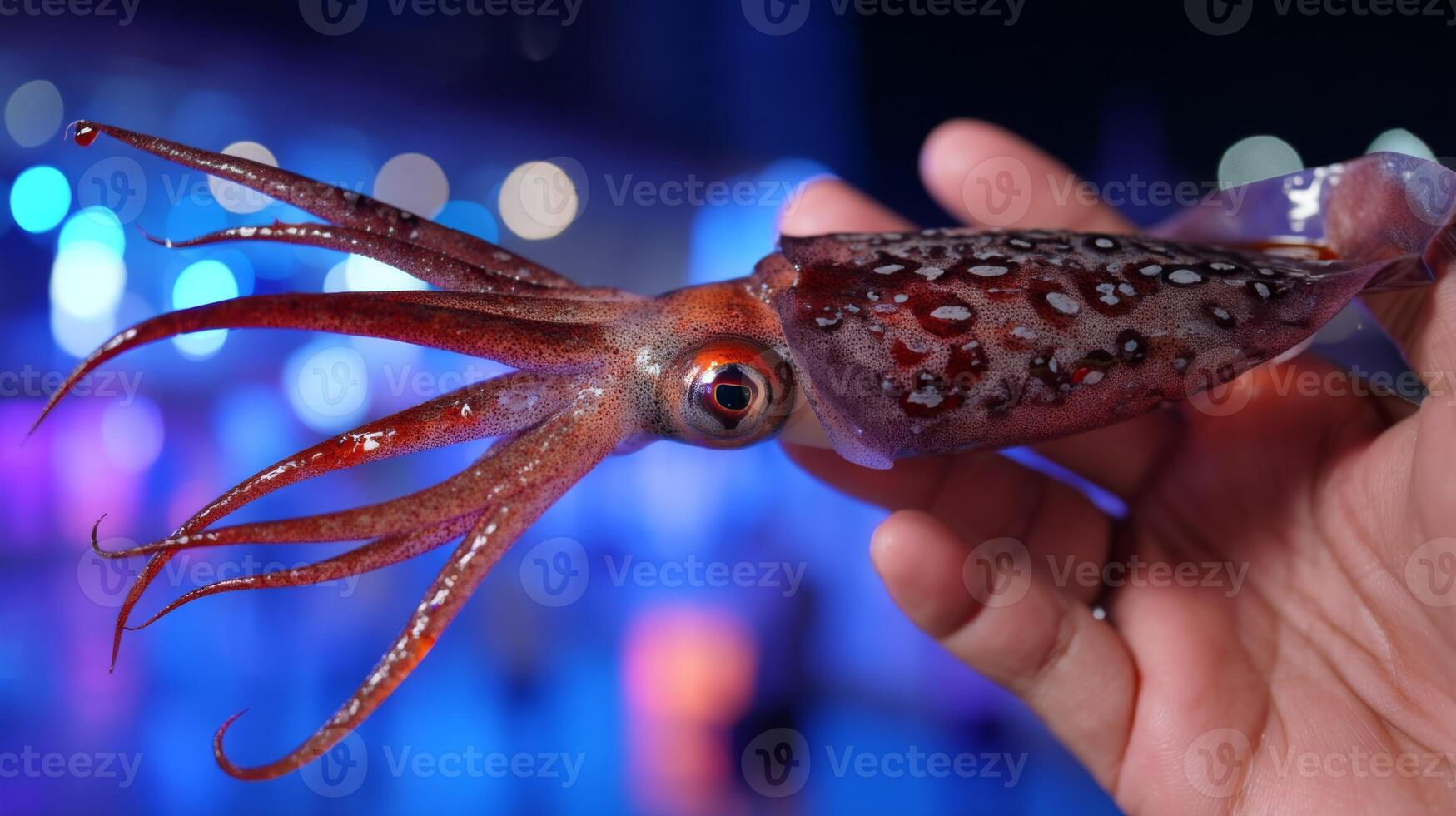 Close-Up of a Vibrant Squid Displayed by a Hand Against a Colorful Background of Lights photo