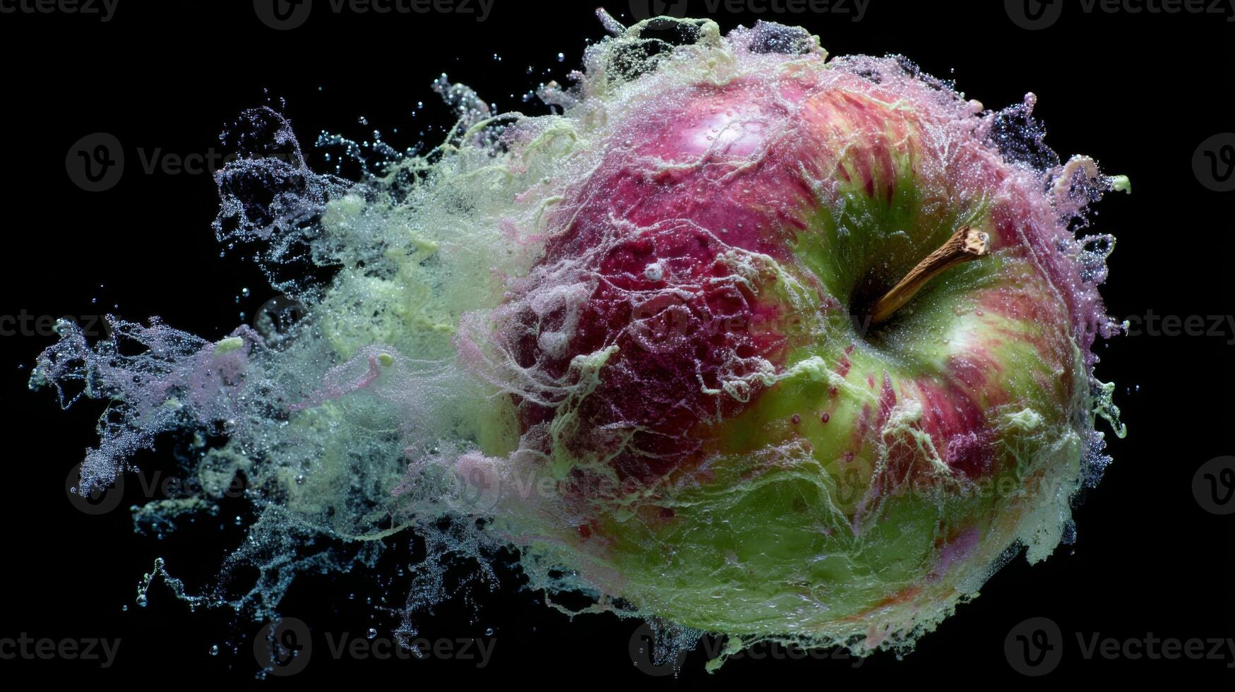 Dynamic Splash of Fresh Apple Surrounded by Colorful Water Splashes Against Black Background photo