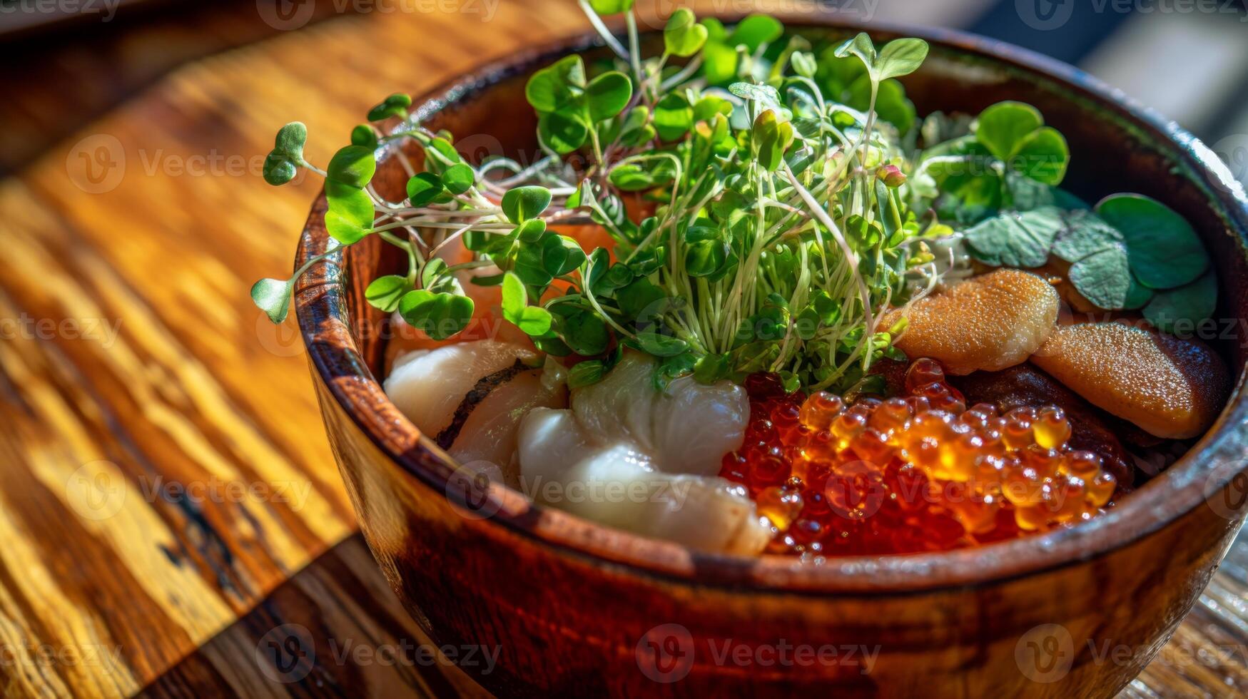 Fresh and Colorful Seafood Dish with Caviar and Microgreens in Artisan Wooden Bowl on Rustic Table photo