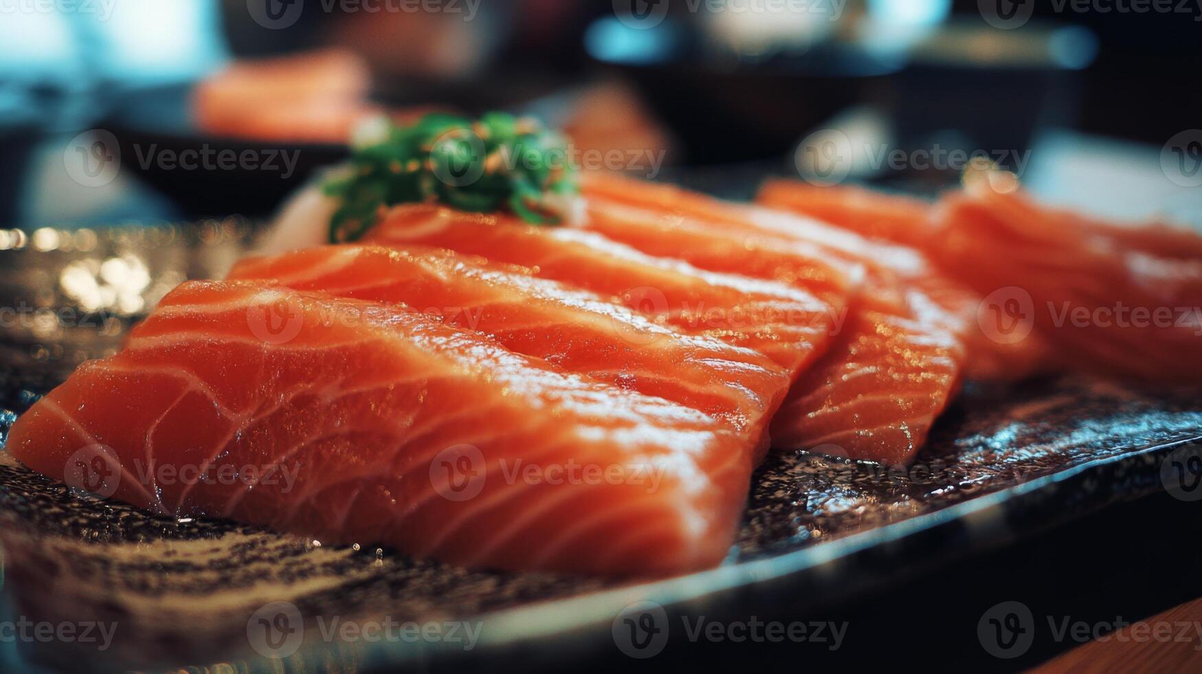 Freshly Sliced Salmon Fillets Ready to Serve on a Stylish Plate with Vibrant Garnish and Japanese Dining Ambiance photo
