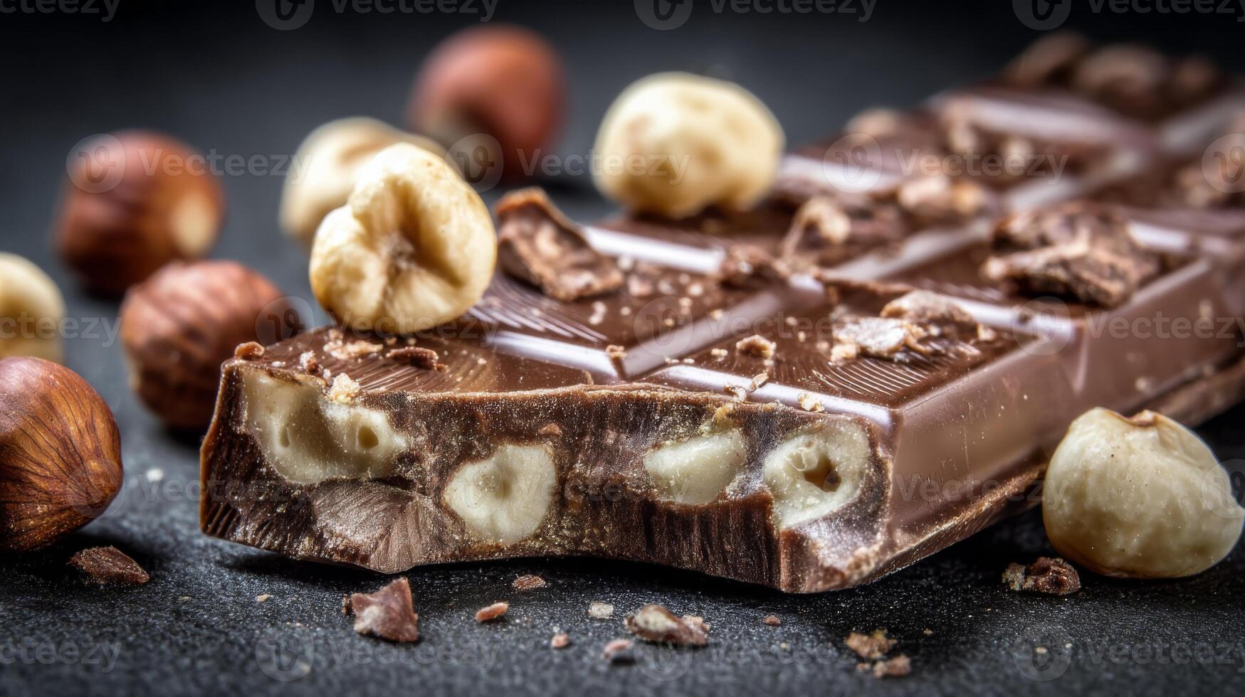 Smooth chocolate bar with crunchy hazelnuts scattered on a dark background, perfect for dessert or snack photography photo