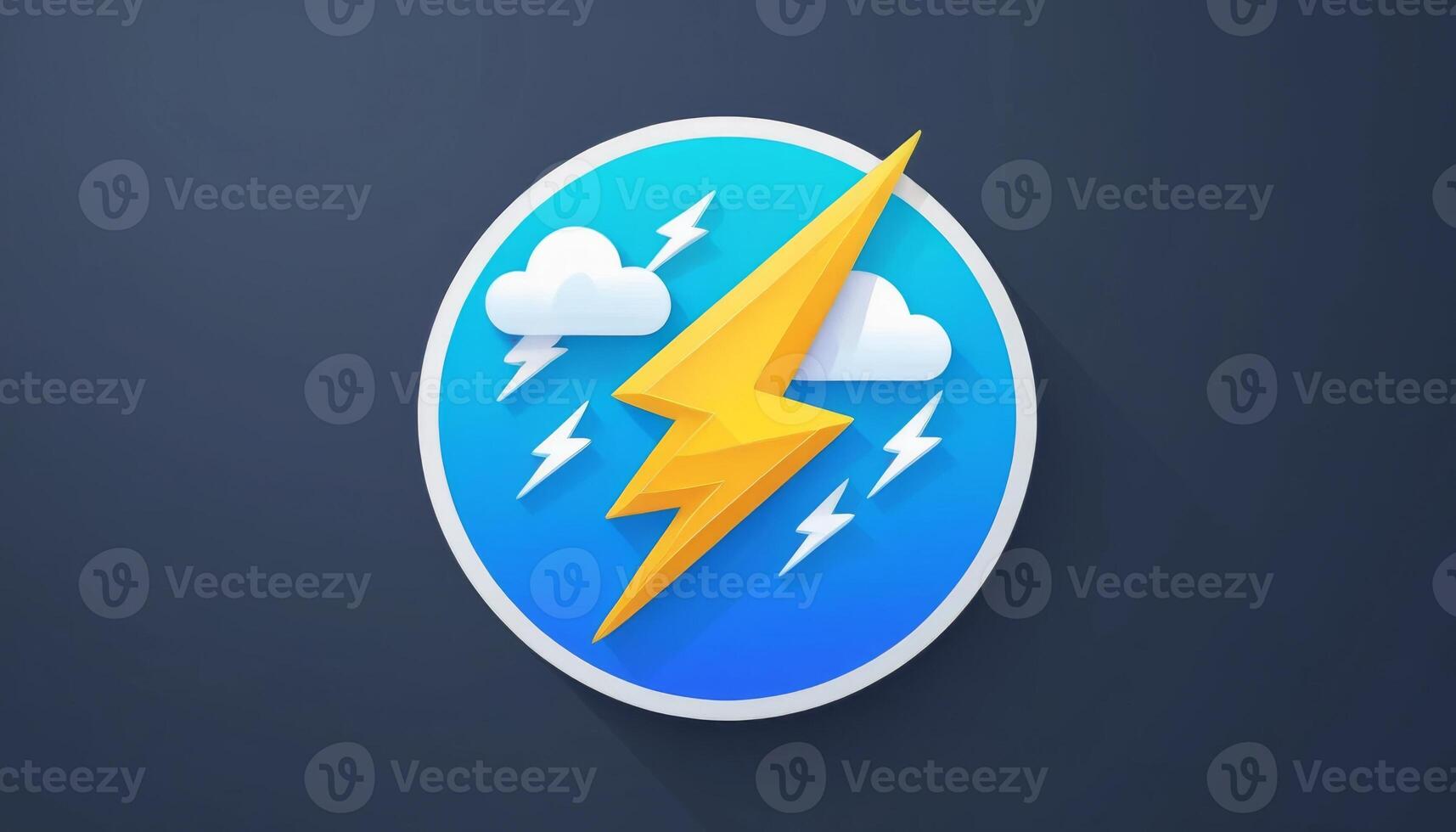 Stylish weather icon featuring a bright lightning bolt against a blue and gray background with clouds and dramatic lightning symbols photo
