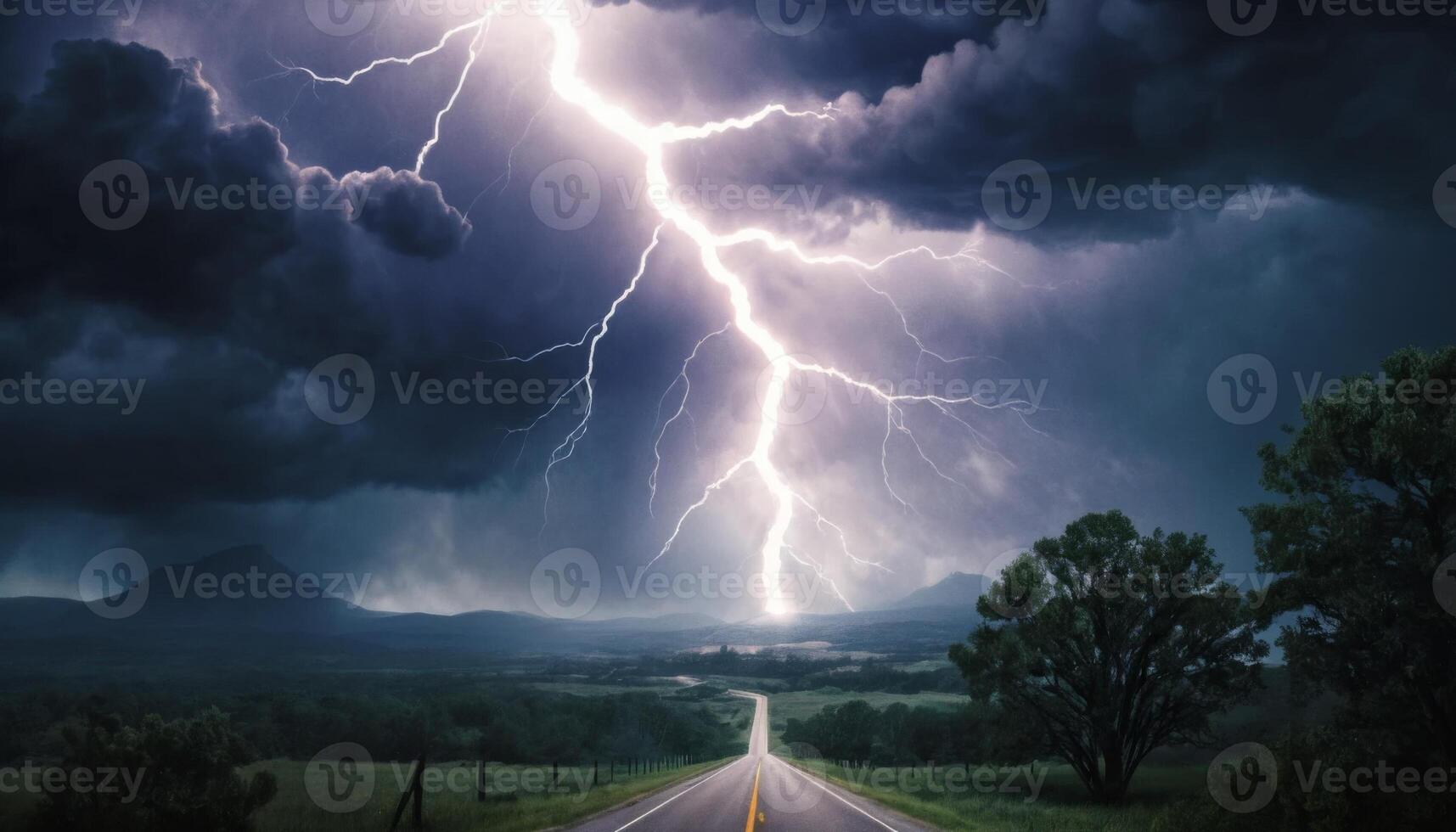 Dramatic Lightning Strikes Over Open Road under Stormy Sky with Dark Clouds and Distant Mountains in Background photo