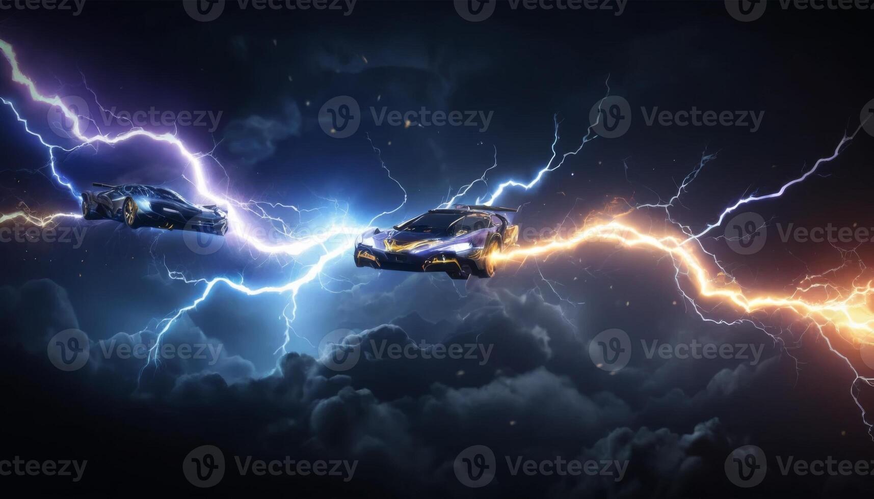 Dynamic Lightning Battle Between Two Futuristic Sports Cars in a Dark Stormy Atmosphere photo