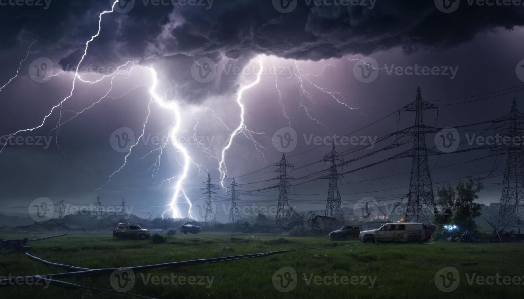 Dramatic Lightning Strikes over Power Lines and Vehicles in a Dark Stormy Landscape with Ominous Clouds Above photo