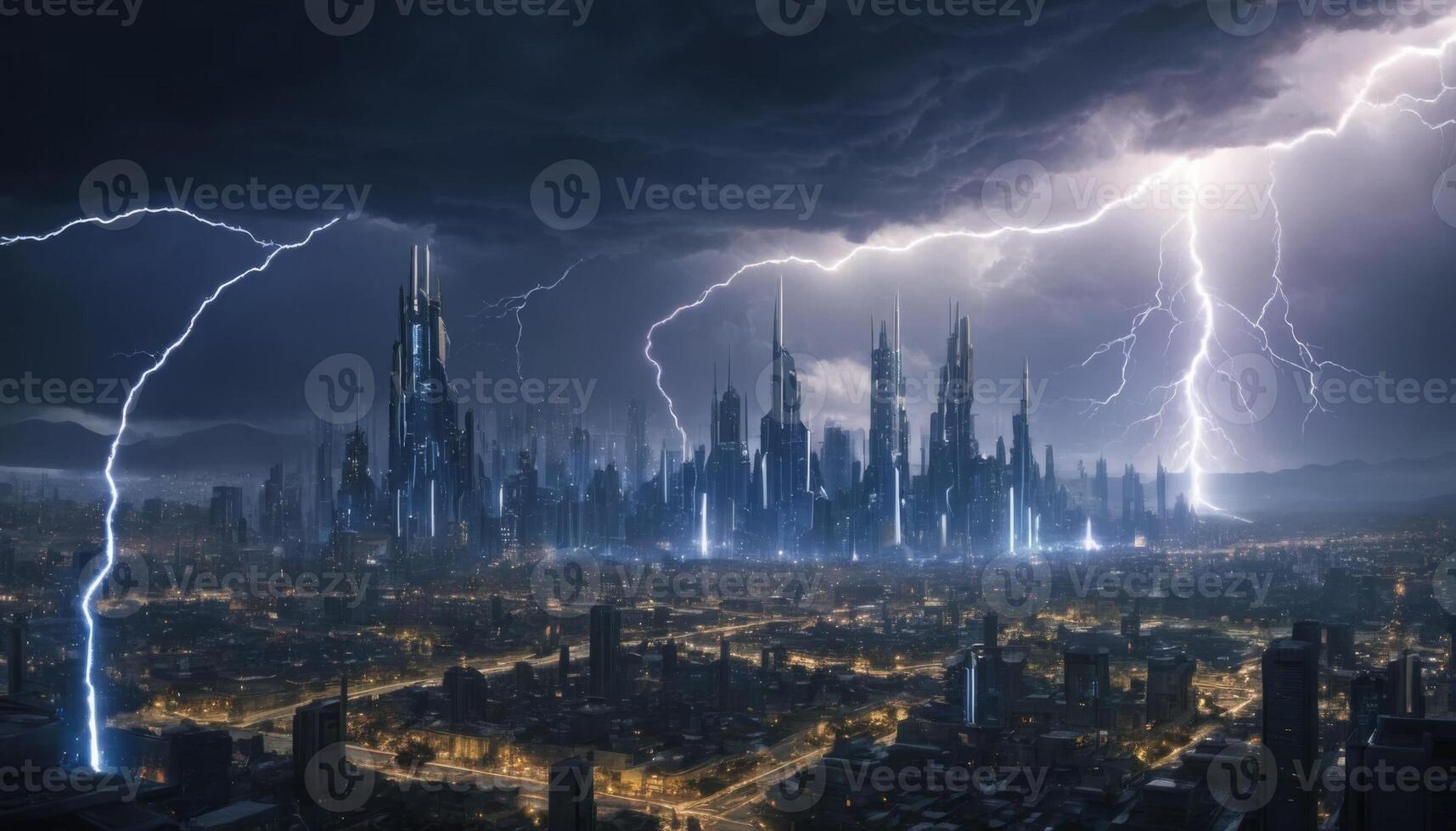 Dramatic Thunderstorm Over a Futuristic Cityscape with Lightning and Dark Clouds Illuminating the Skyline at Night photo