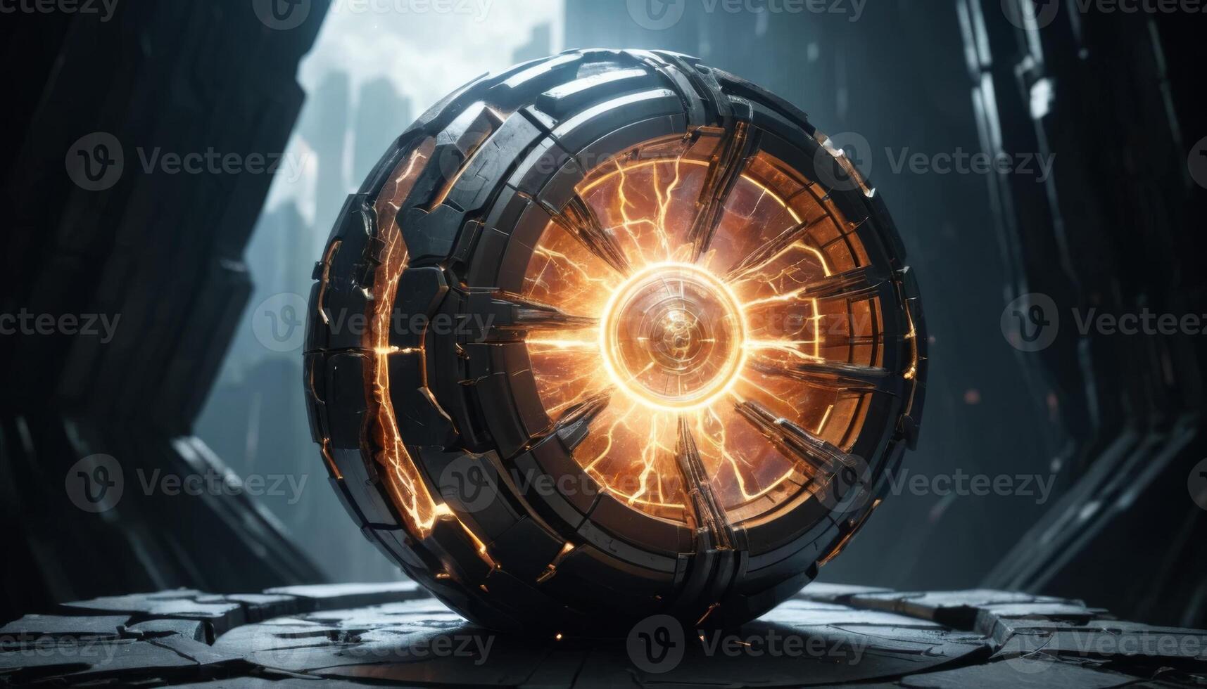 Futuristic glowing sphere surrounded by dark geometric structures with radiant energy emanating from its core in a sci-fi environment photo