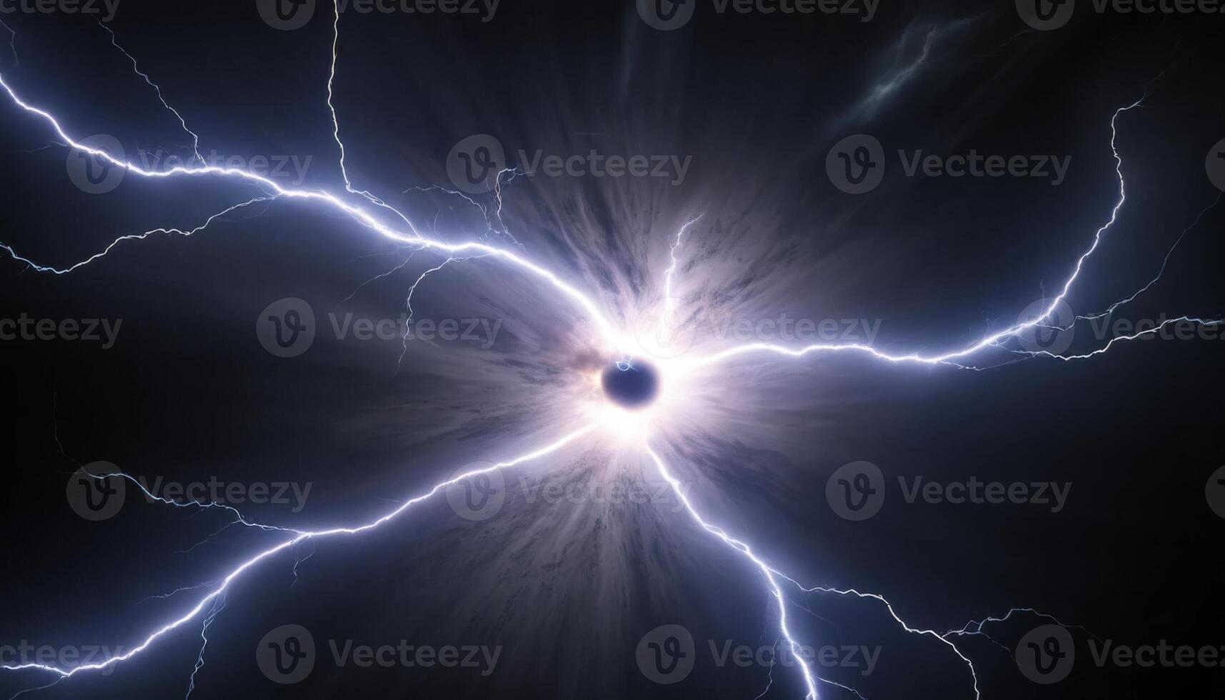 Dramatic Burst of Lightning Illuminating Dark Sky with Central Void and Radiating Energy Effects photo