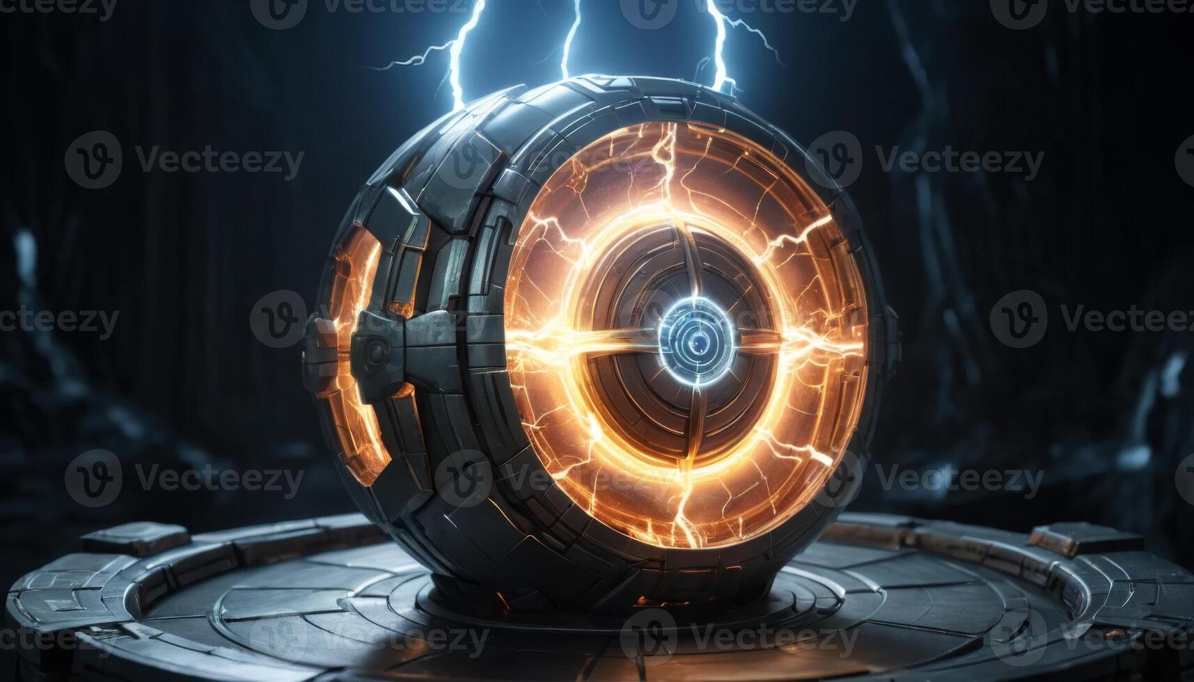 Futuristic Energy Sphere with Electric Pulses in a Dark, Sci-Fi Environment photo