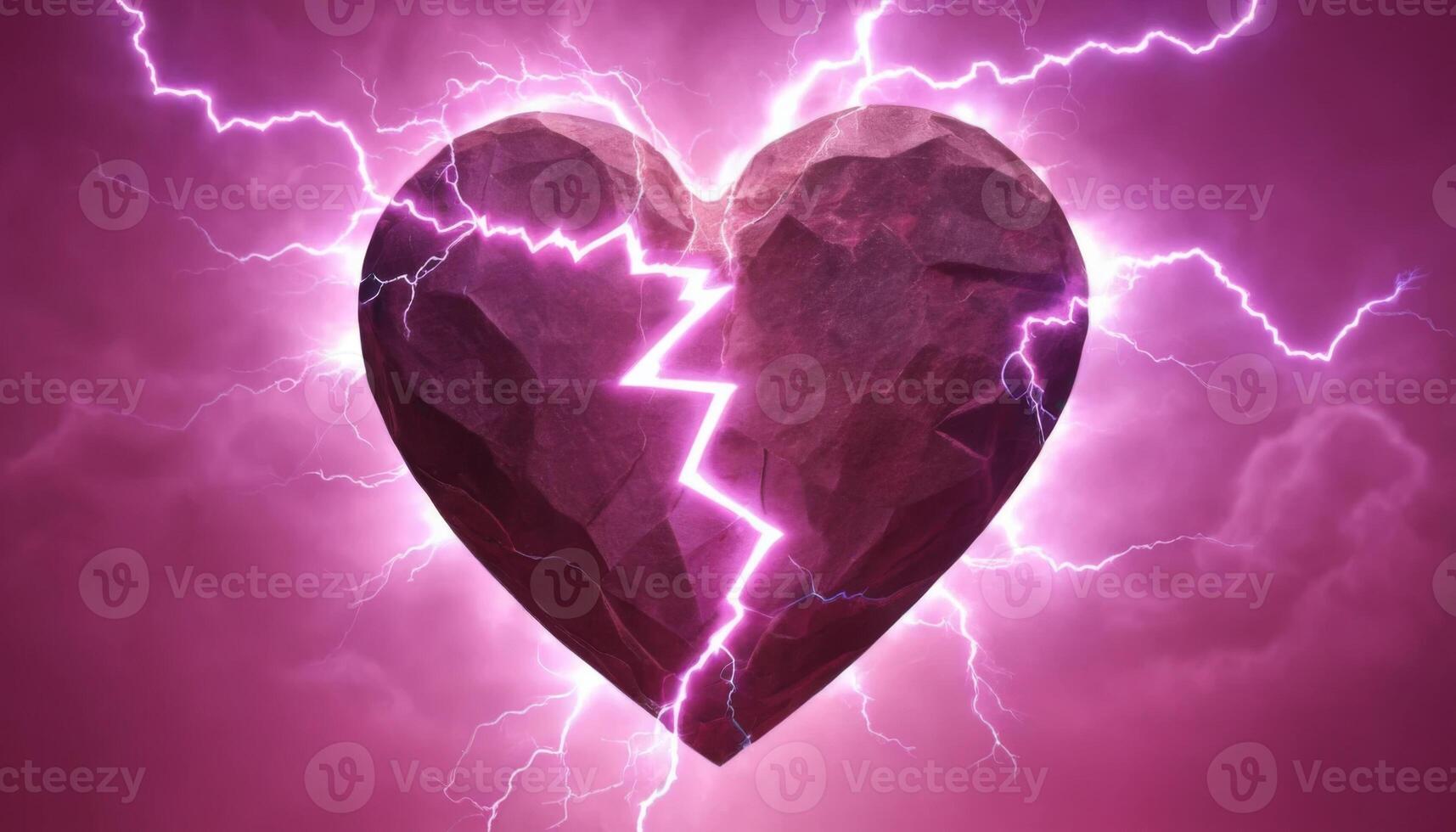 Dramatic Heart Symbol with Crack and Lightning Imagery in Pink and Purple Color Palettes photo
