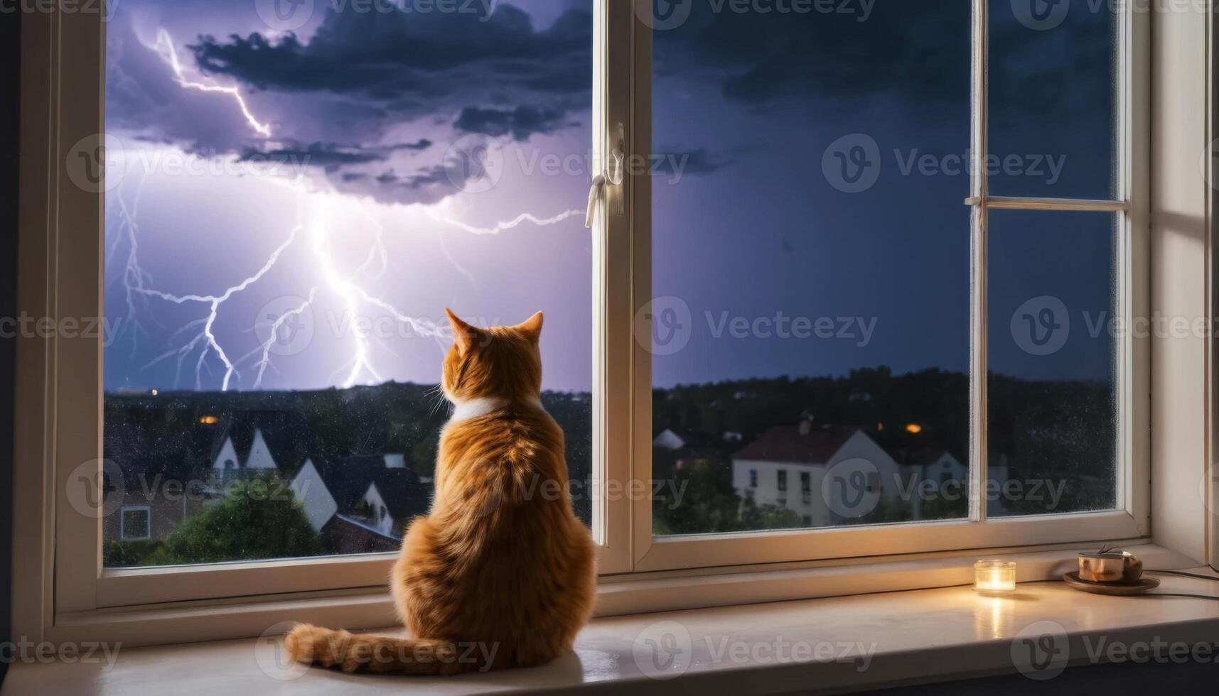 Cat Watching Thunderstorm Through Window with Lightning Strikes and Dark Clouds in a Cozy Home Environment at Night photo