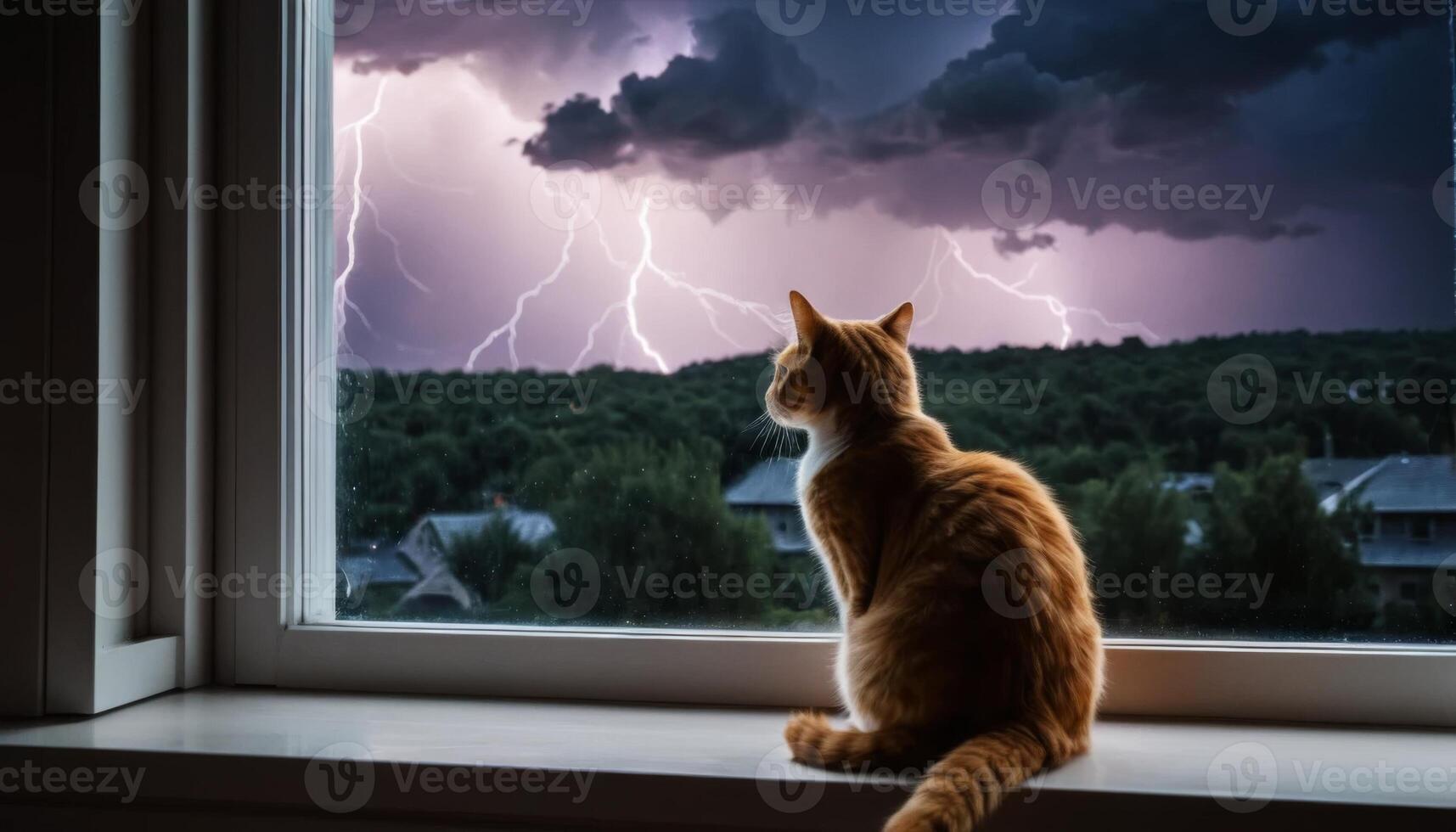 Orange Tabby Cat Observing Thunderstorm Through Window with Lightning Strikes in Background Over Urban Landscape photo
