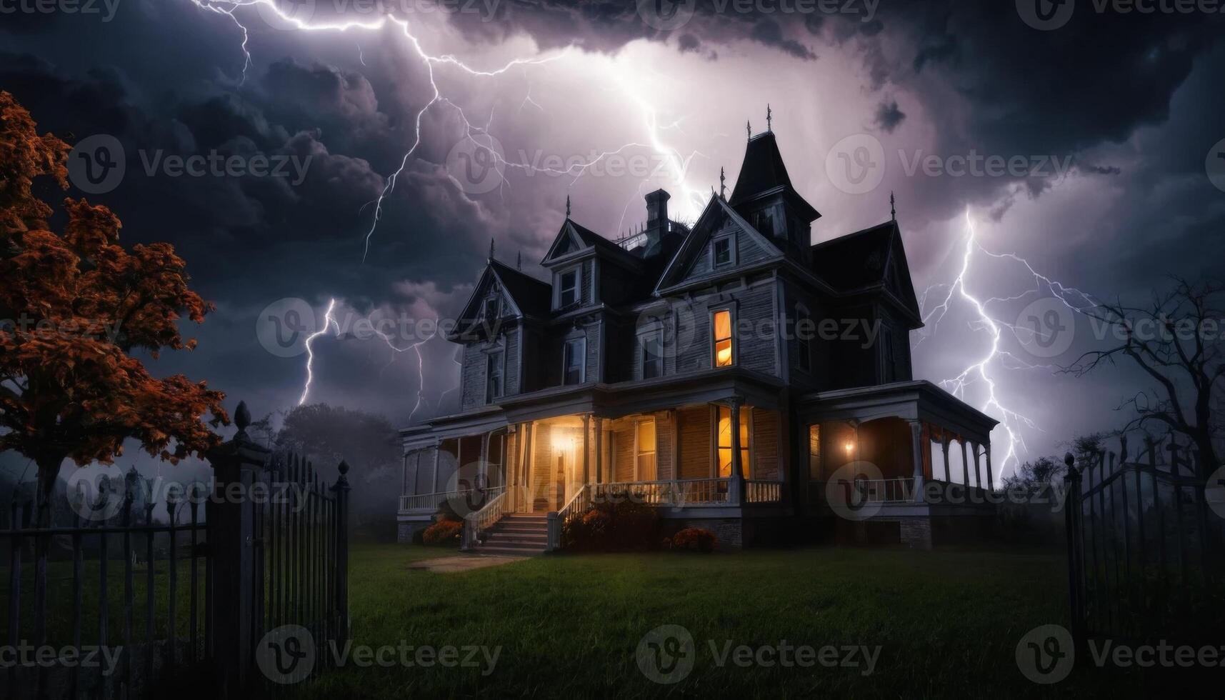 Eerie Victorian mansion illuminated by a warm light amidst a dramatic thunderstorm with dark clouds and lightning strikes photo