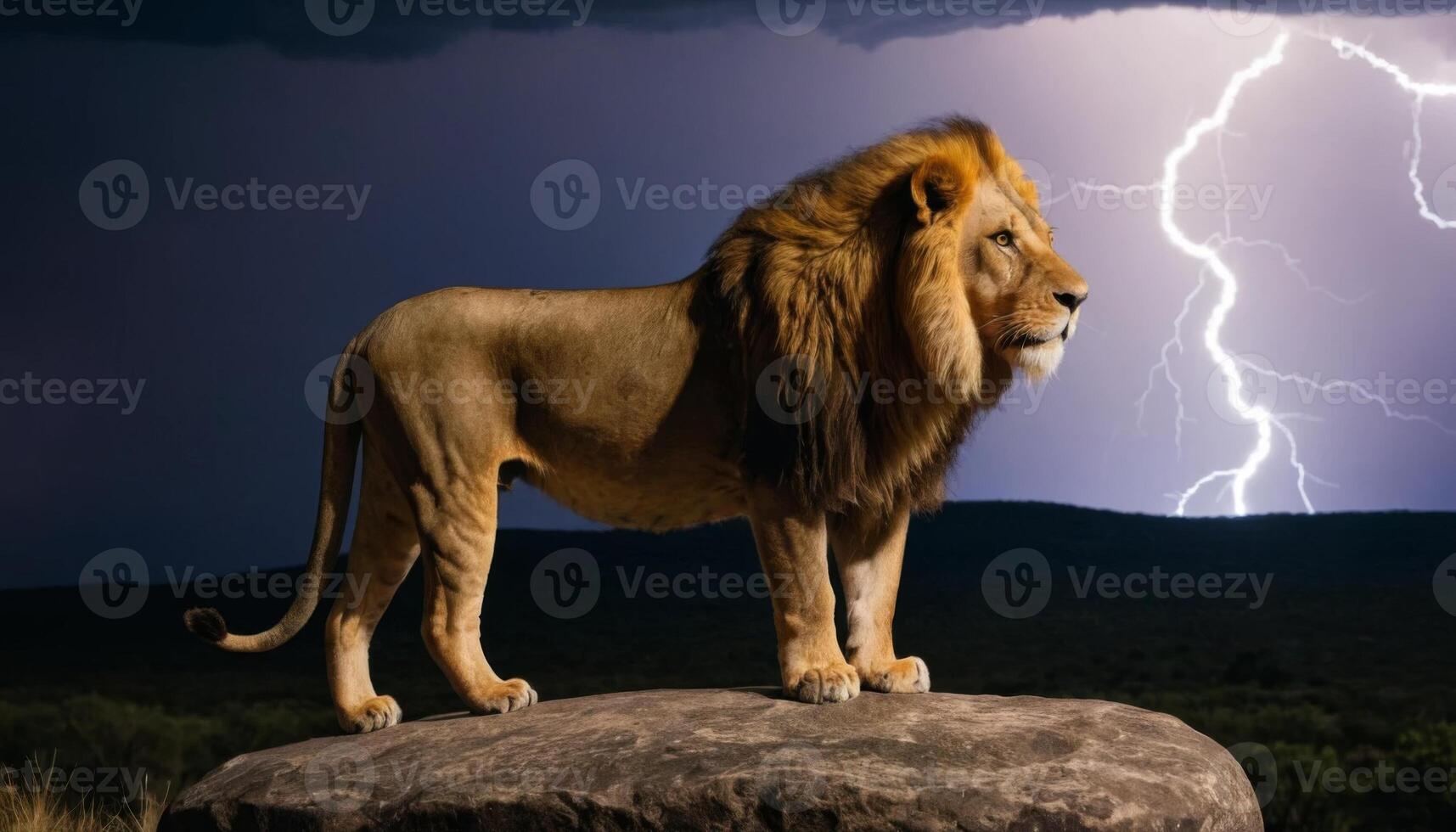 Majestic Lion Standing Proudly on Rock Against Dramatic Stormy Sky with Flashing Lightning Illuminating the Landscape photo
