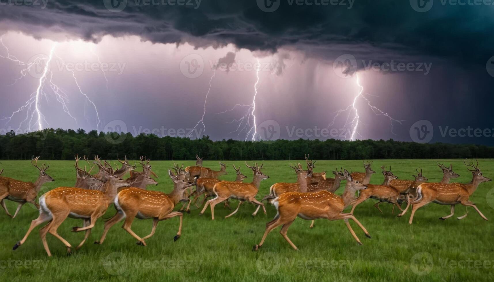 Flock of deer running across a lush green field under dark storm clouds with lightning in the background photo