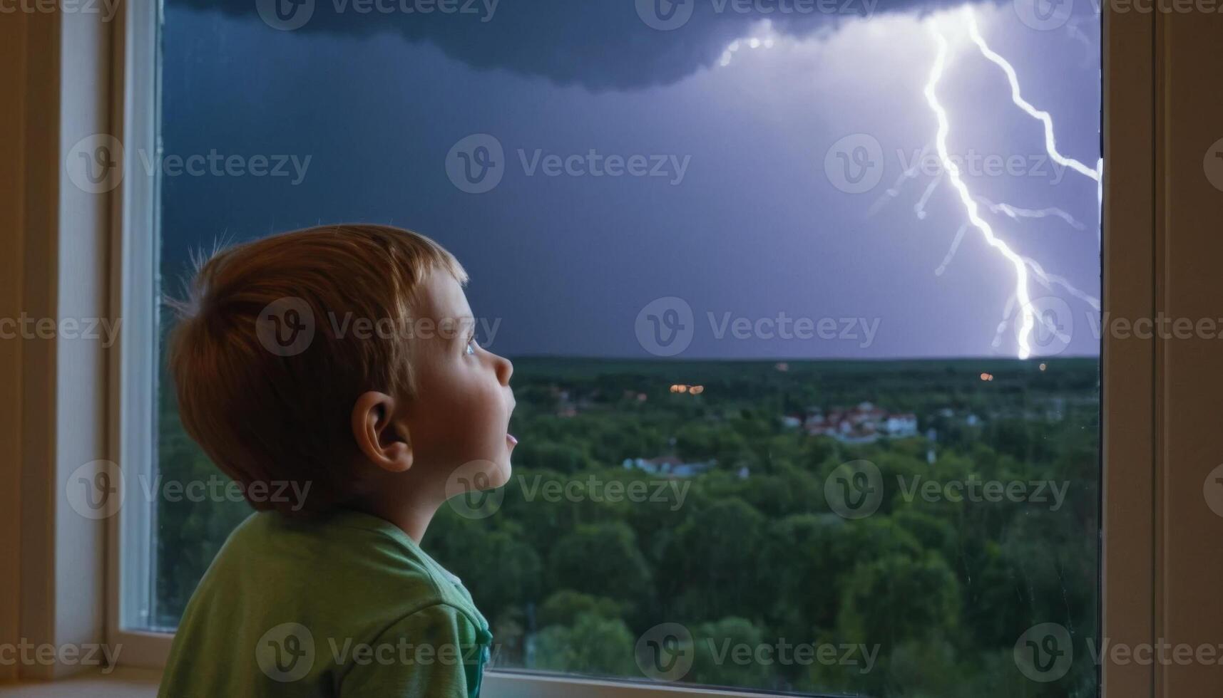 Child Gazing at Dramatic Lightning During Thunderstorm Through Window at Night with Stormy Sky and Dark Clouds photo