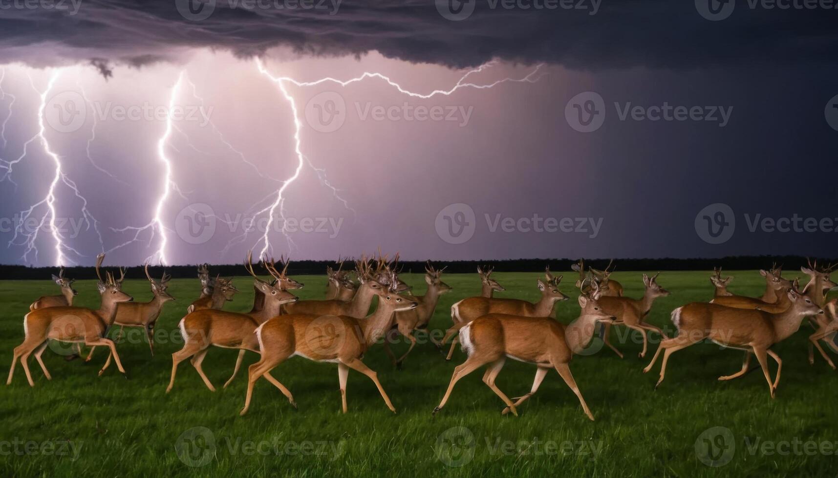 Herd of Deer Running Across Open Field Under Dramatic Stormy Sky with Lightning Strikes and Dark Clouds photo