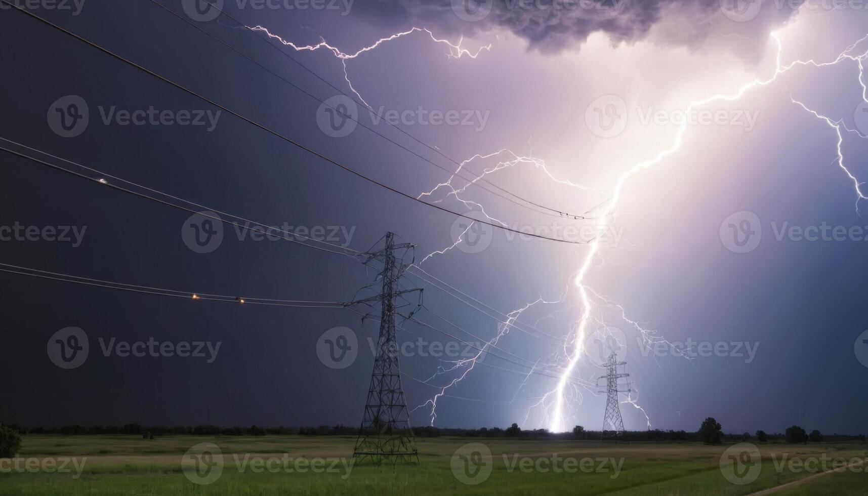 Dramatic Lightning Strike Over Field with Power Lines Under Dark Storm Clouds at Night photo