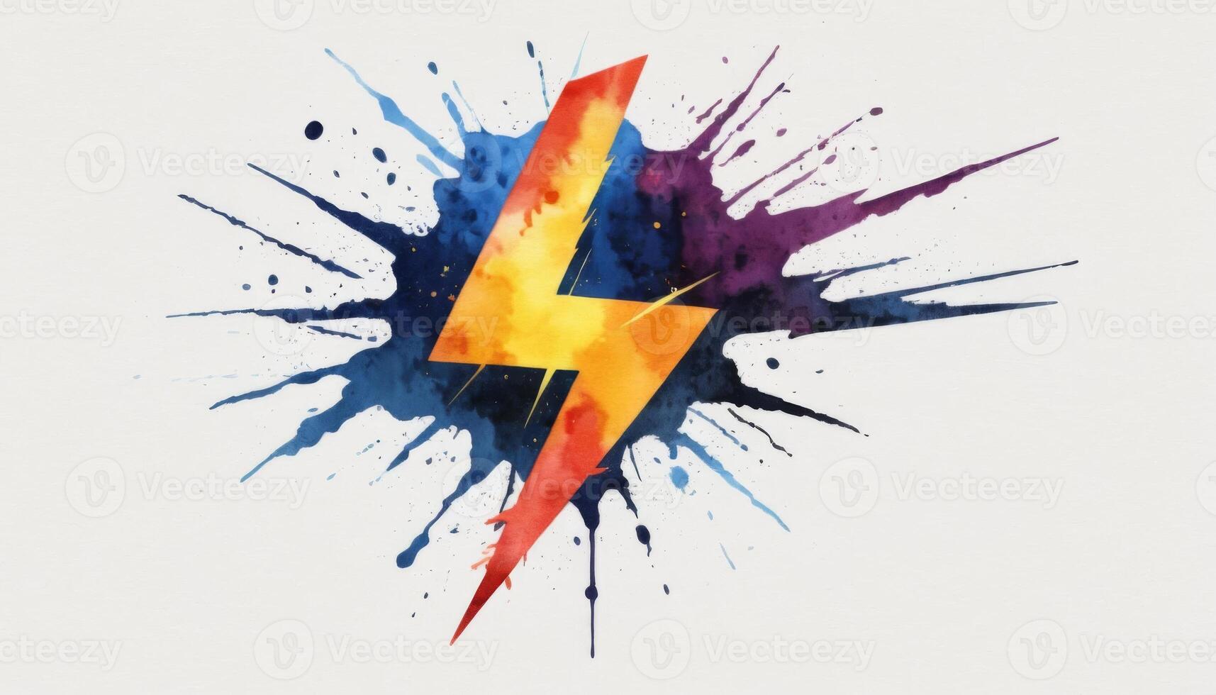 Colorful watercolor splash with lightning bolt symbol representing energy, power, dynamism, and creativity in abstract art photo