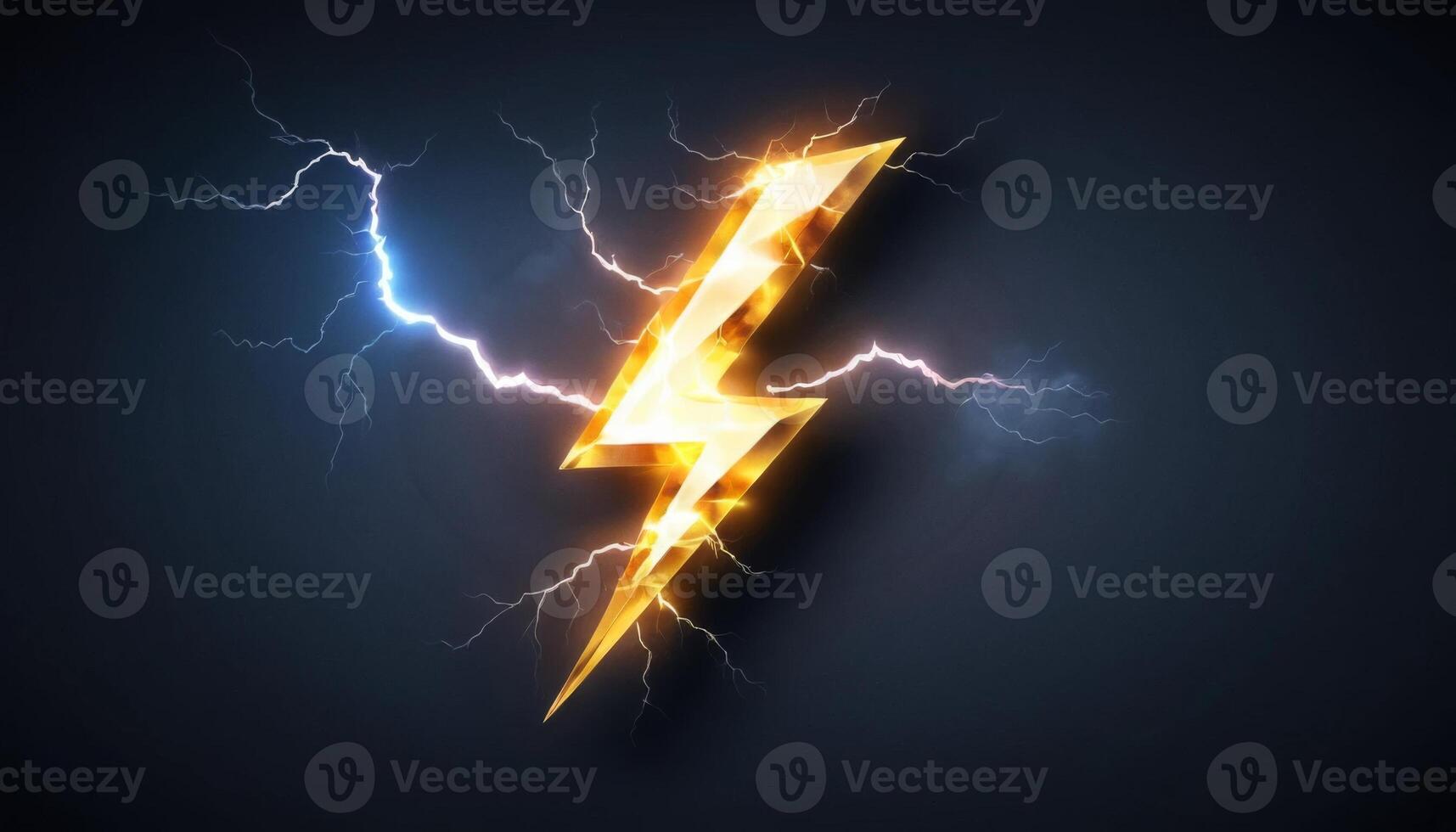 Golden lightning bolt design with blue energy sparks on dark background for creative power and electric themes photo