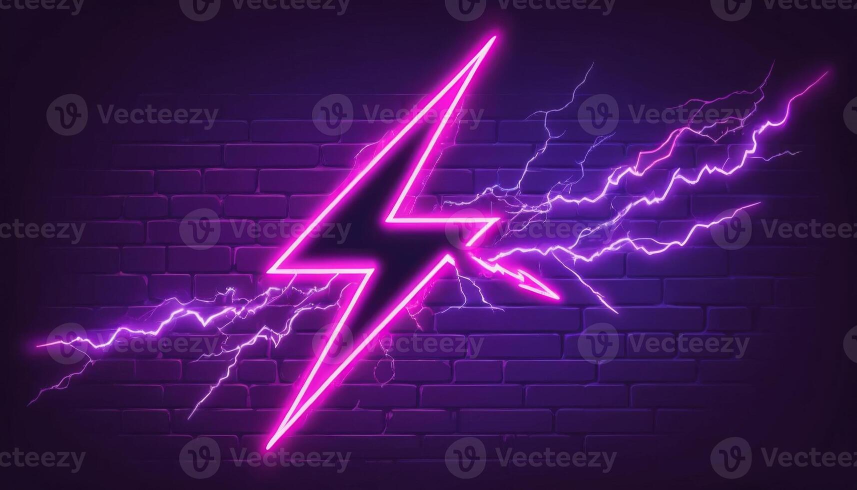 Neon lightning bolt design with vibrant pink color against a dark brick wall background, perfect for energetic themes photo