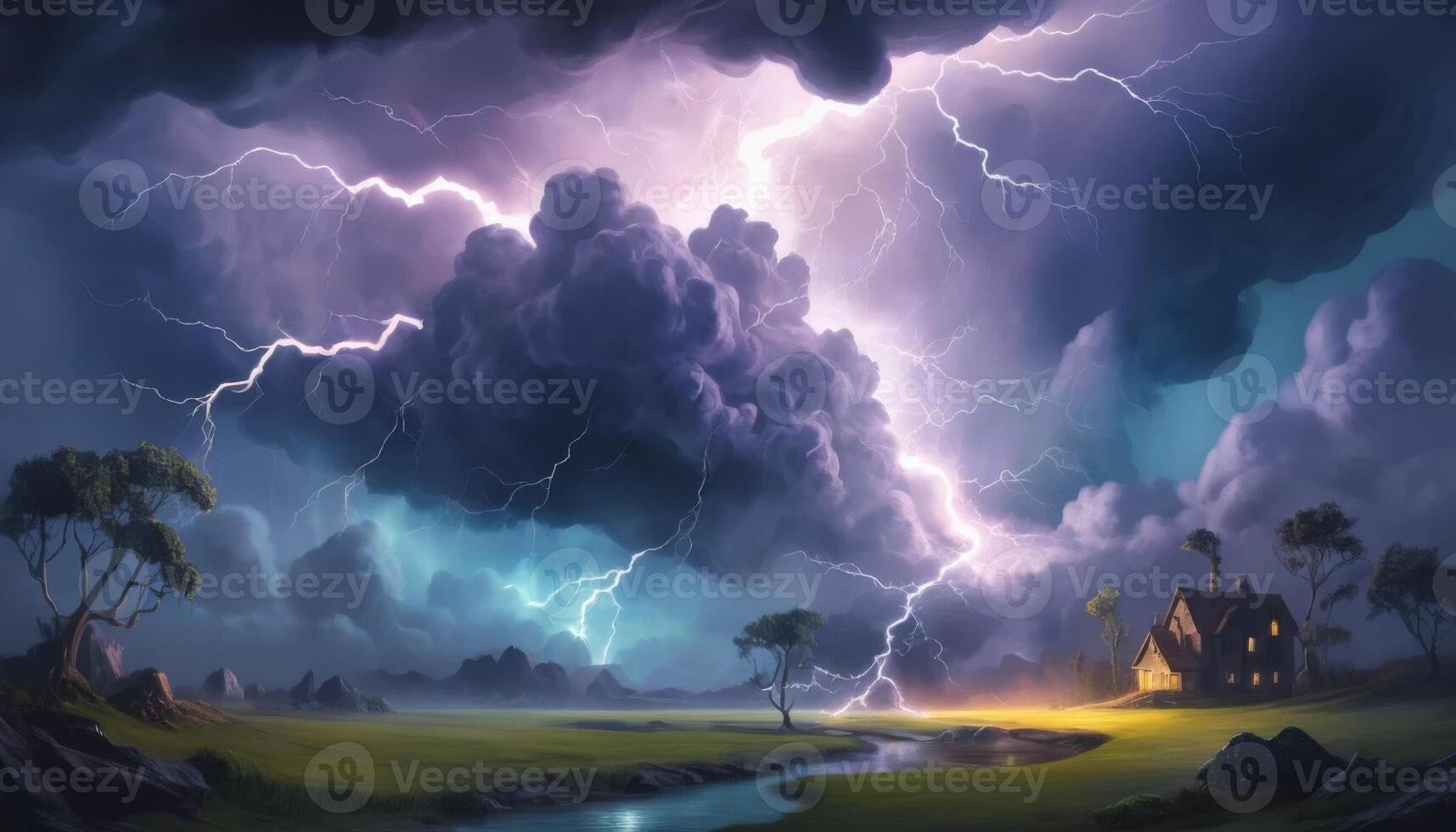 Dramatic Thunderstorm Over Serene Landscape with Lightning Striking Clouds and Isolated House in the Distance photo