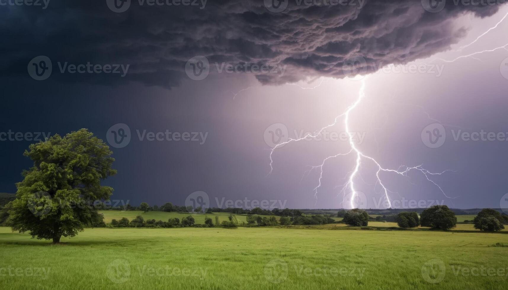 Dramatic Thunderstorm Over Green Field with Lightning and Dark Clouds Illuminating the Sky at Dusk photo