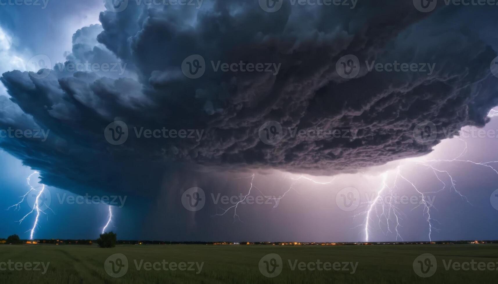 Dramatic Thunderstorm With Dark Clouds and Striking Lightning Over Open Field at Dusk photo