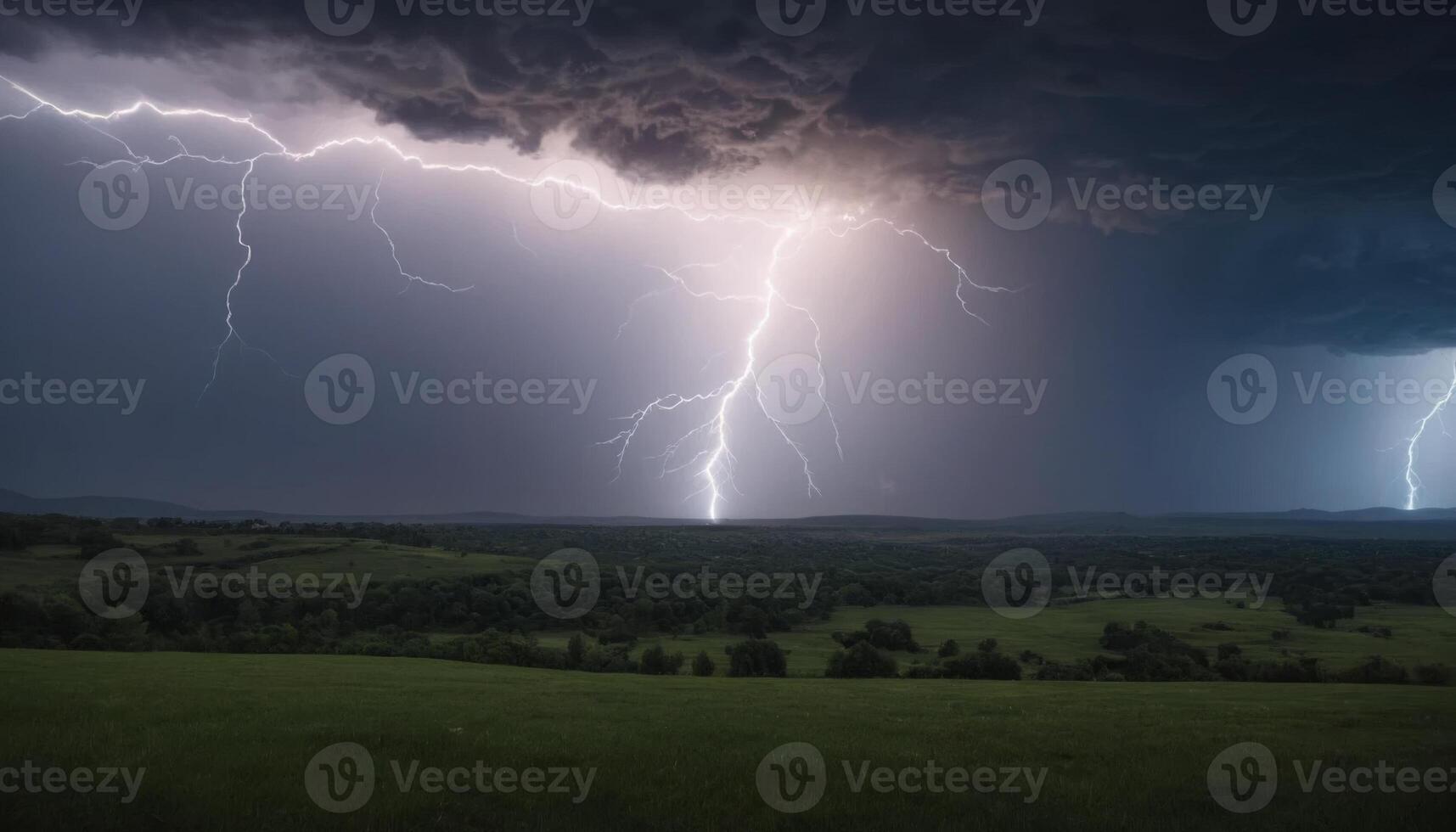 Dramatic Thunderstorm with Striking Lightning Over Serene Green Landscape Under Dark Skies photo