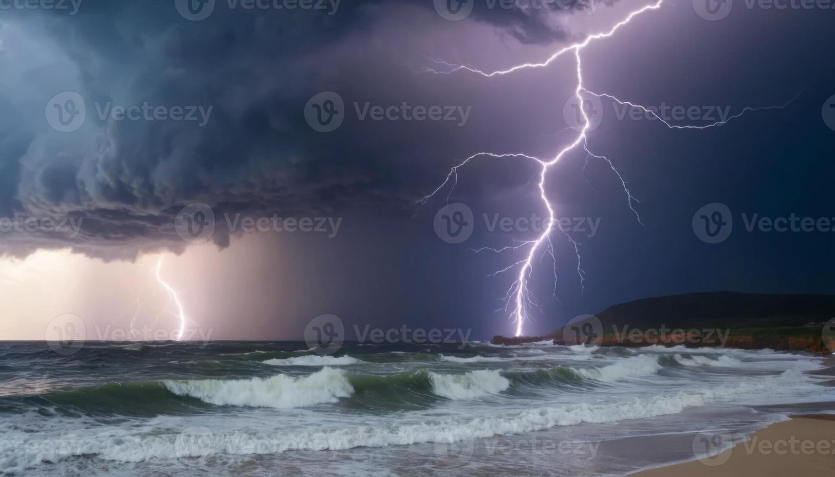 Dramatic Lightning Strikes Over Stormy Ocean Waves Under Dark Clouds with Intense Weather Conditions photo