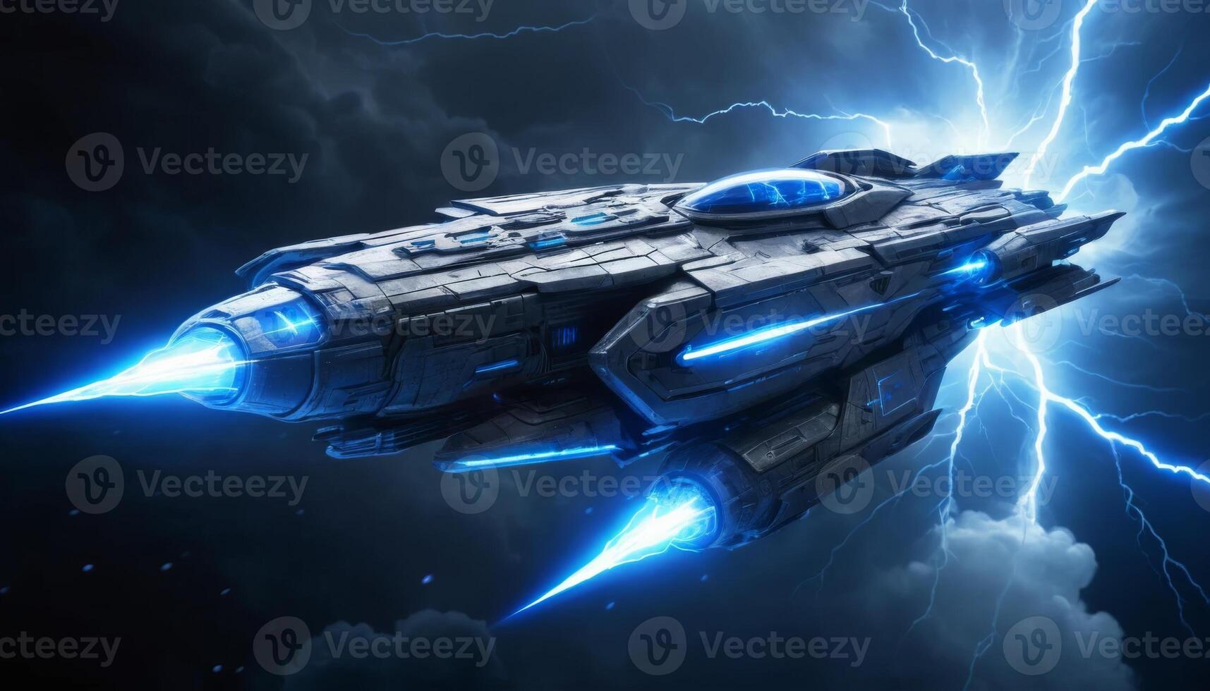 Futuristic spacecraft navigating through dark clouds and striking lightning with glowing blue engines and metallic design photo