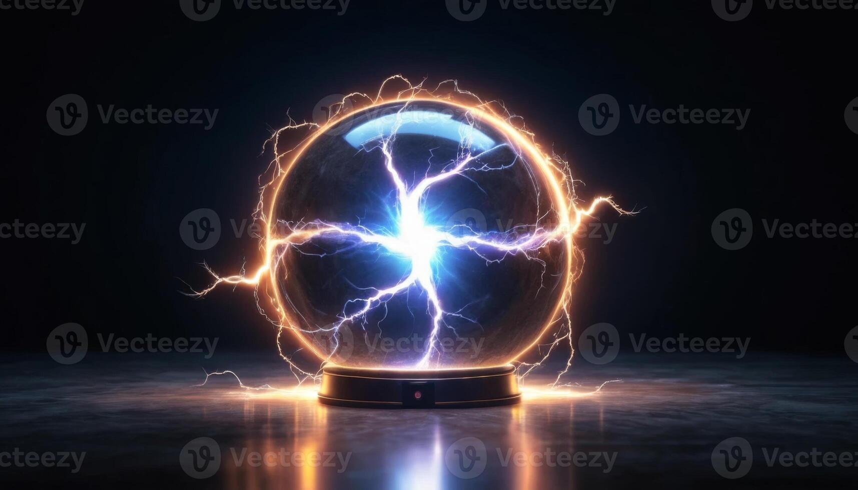 Futuristic glowing crystal ball with electric sparks radiating energy in a dark mystical environment photo