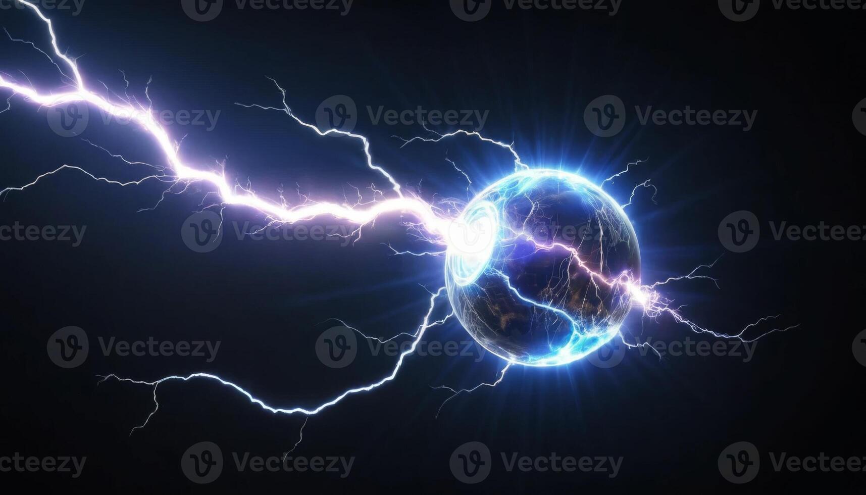 Electric Sphere with Lightning Strikes Captured in a Dramatic Dark Background for Science and Technology Themes photo
