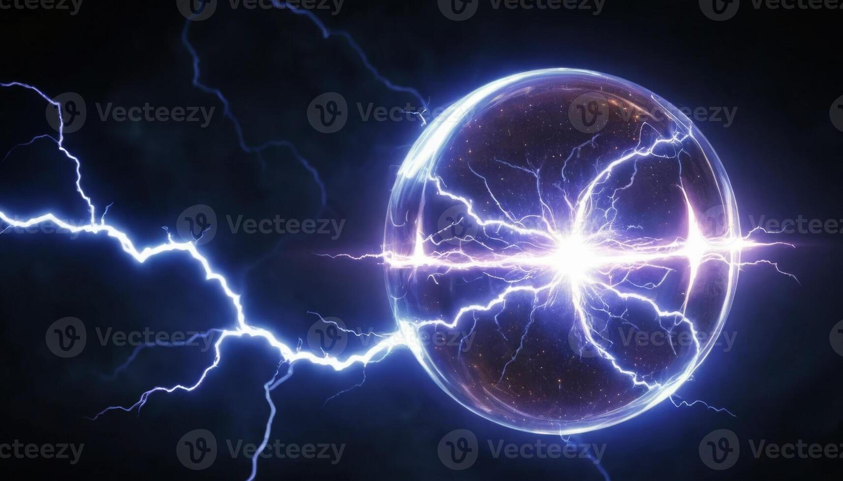 Electric Sphere with Lightning Discharges and Radiating Energy in Dark Background for Science and Technology Concepts photo
