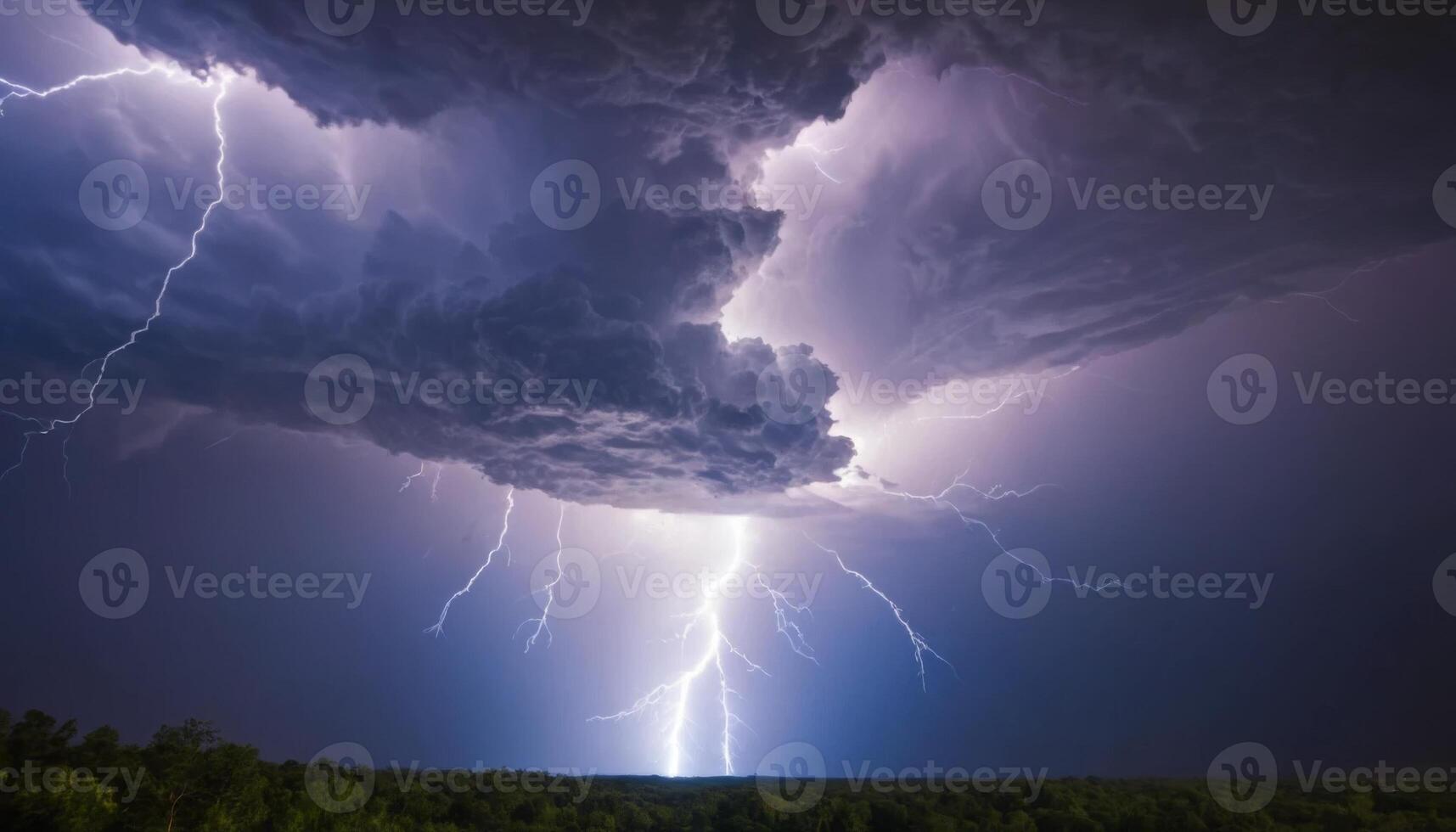 Dramatic Thunderstorm with Lightning Strikes Illuminating Dark Clouds Overhead at Dusk in a Natural Landscape photo