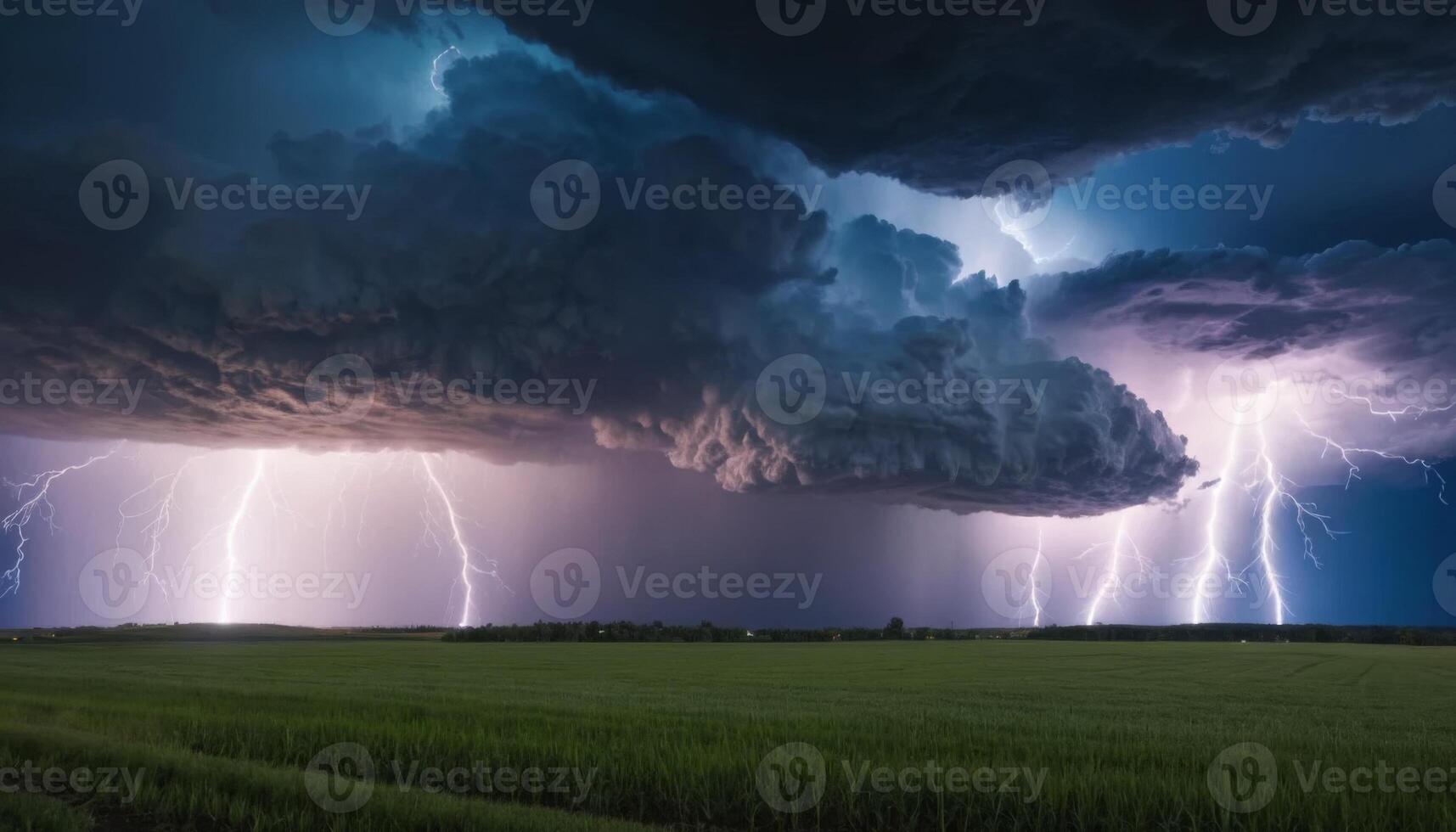 Dramatic Thunderstorm with Lightning Striking Over Lush Green Fields and Dark Storm Clouds in the Background photo
