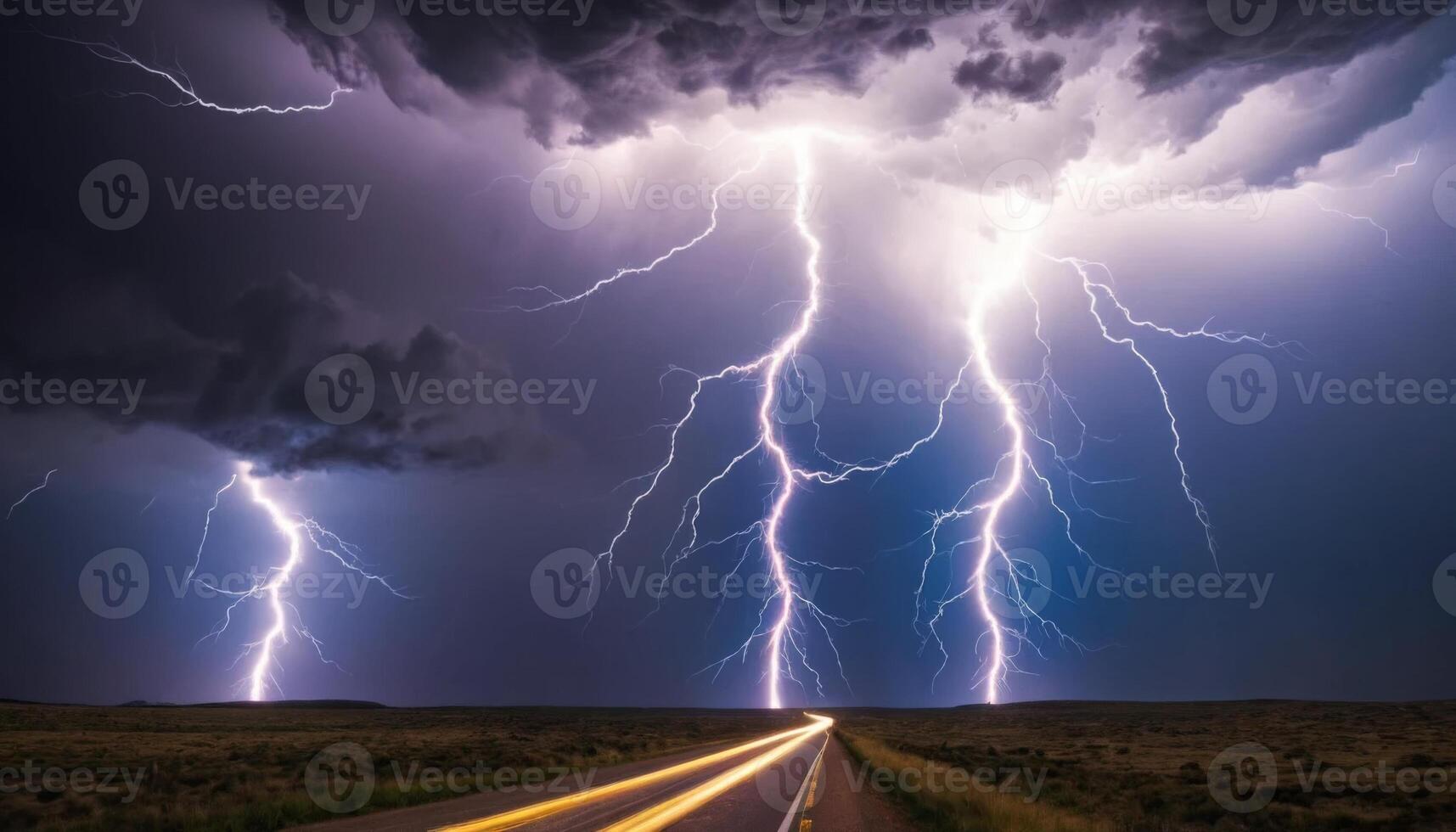 Dramatic Lightning Strikes Above a Desolate Road Under Dark Storm Clouds at Twilight photo