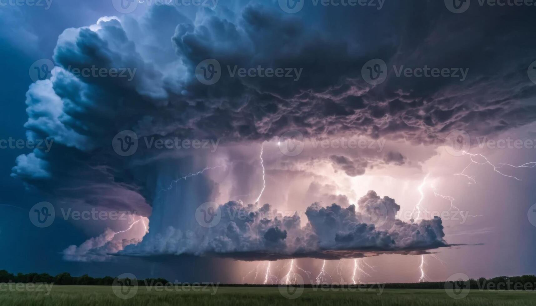 Dramatic Lightning Strikes Under Dark Thunderstorm Clouds in Open Field Landscape photo