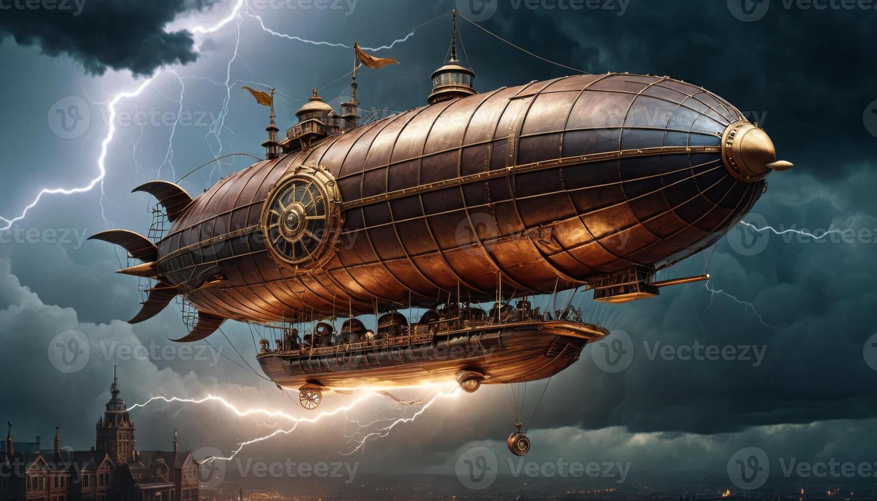 Majestic Steampunk Airship Sailing Through Stormy Skies with Lightning and Dark Clouds, a Fusion of Fantasy and Adventure photo