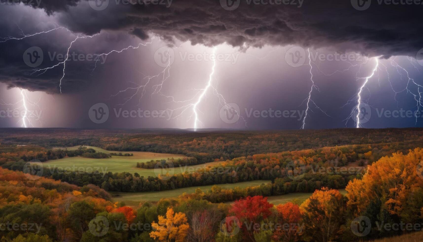 Dramatic Thunderstorm Over Colorful Autumn Landscape with Lightning Strikes and Dark Clouds in the Sky photo