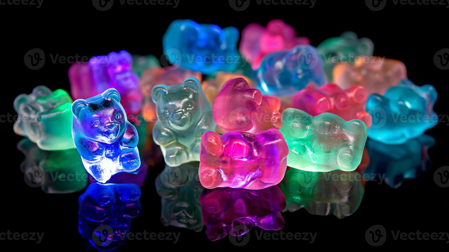 Colorful gummy bear candies arranged artfully on a reflective surface showcasing vibrant hues and playful shapes photo