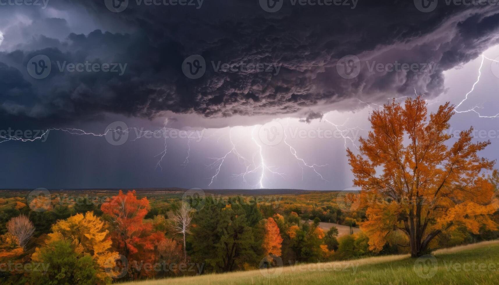 Dramatic Storm Clouds Gather Over Vibrant Autumn Landscape with Lightning Striking Across the Darkened Sky photo