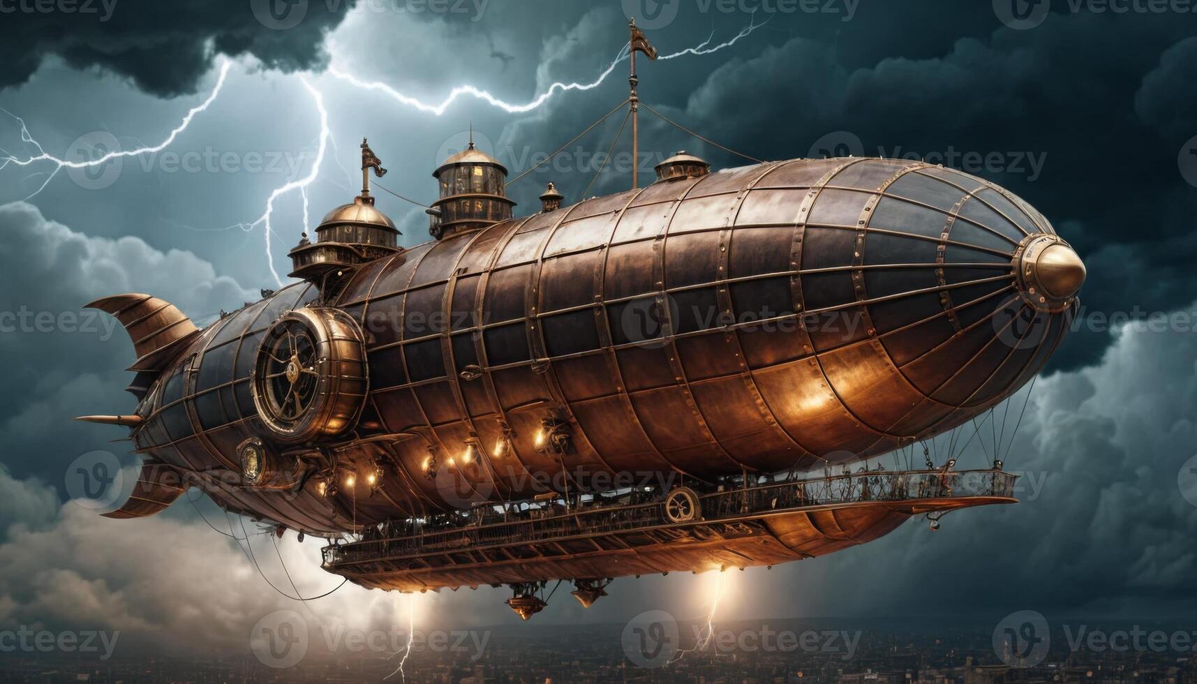 Majestic Steampunk Airship Flying Through Dramatic Thunderstorm Clouds with Lightning Striking the City Below photo