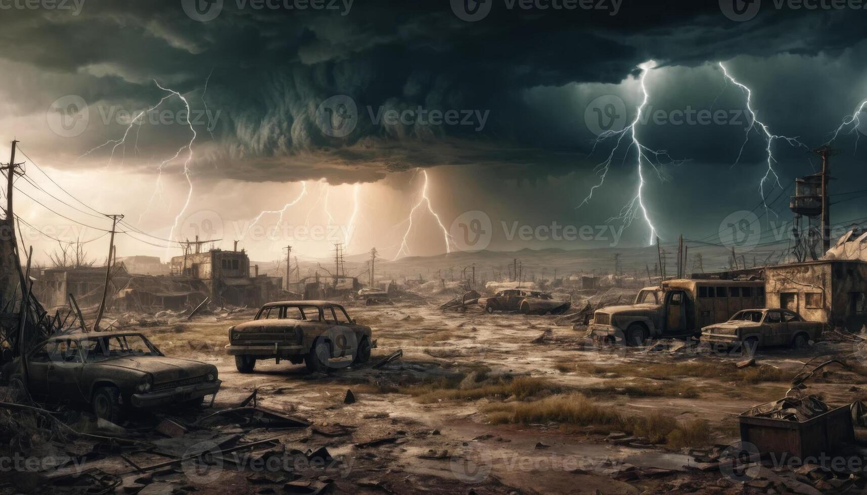 Dramatic Storm Over Abandoned Town with Lightning Strikes and Desolate Landscape photo
