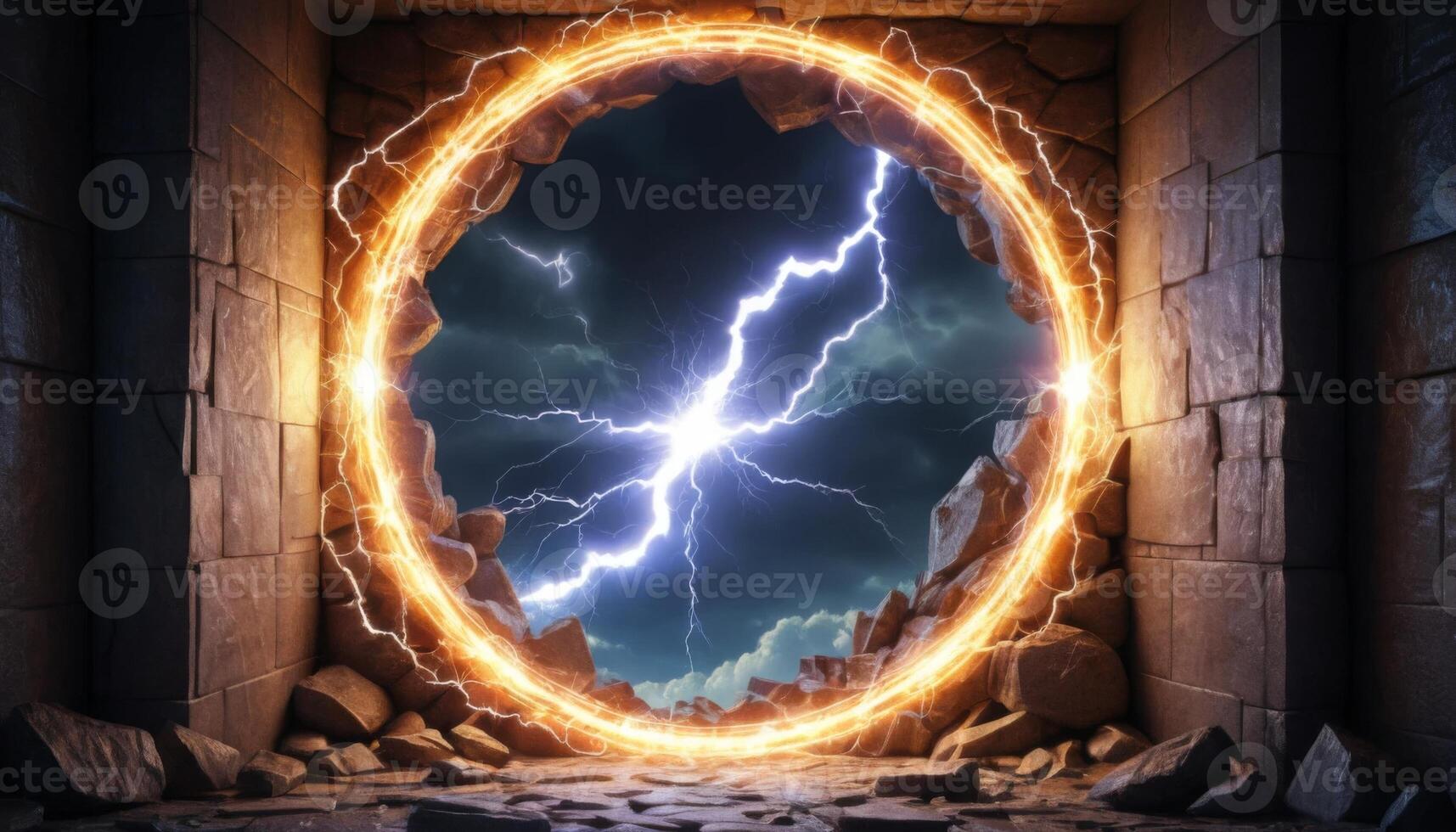 Enchanted Portal with Lightning Bolts Surrounded by Ancient Stone Walls in a Dark Fantasy Setting photo